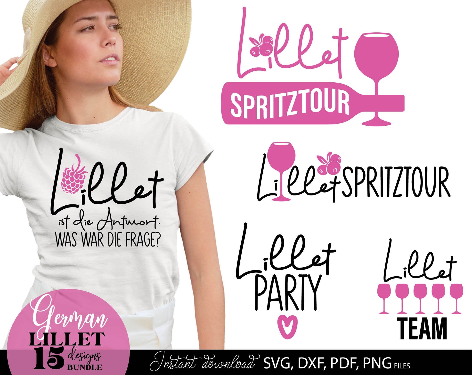 German Lillet bundle Wildberry Lillet Alcohol. SVG DXF PDF PNG files included. Compatible with Cricut, Silhouette, sublimation printers and other equipment. Cut from vinyl, use for sublimation, laser cut or grave projects. Buy now for a good price!