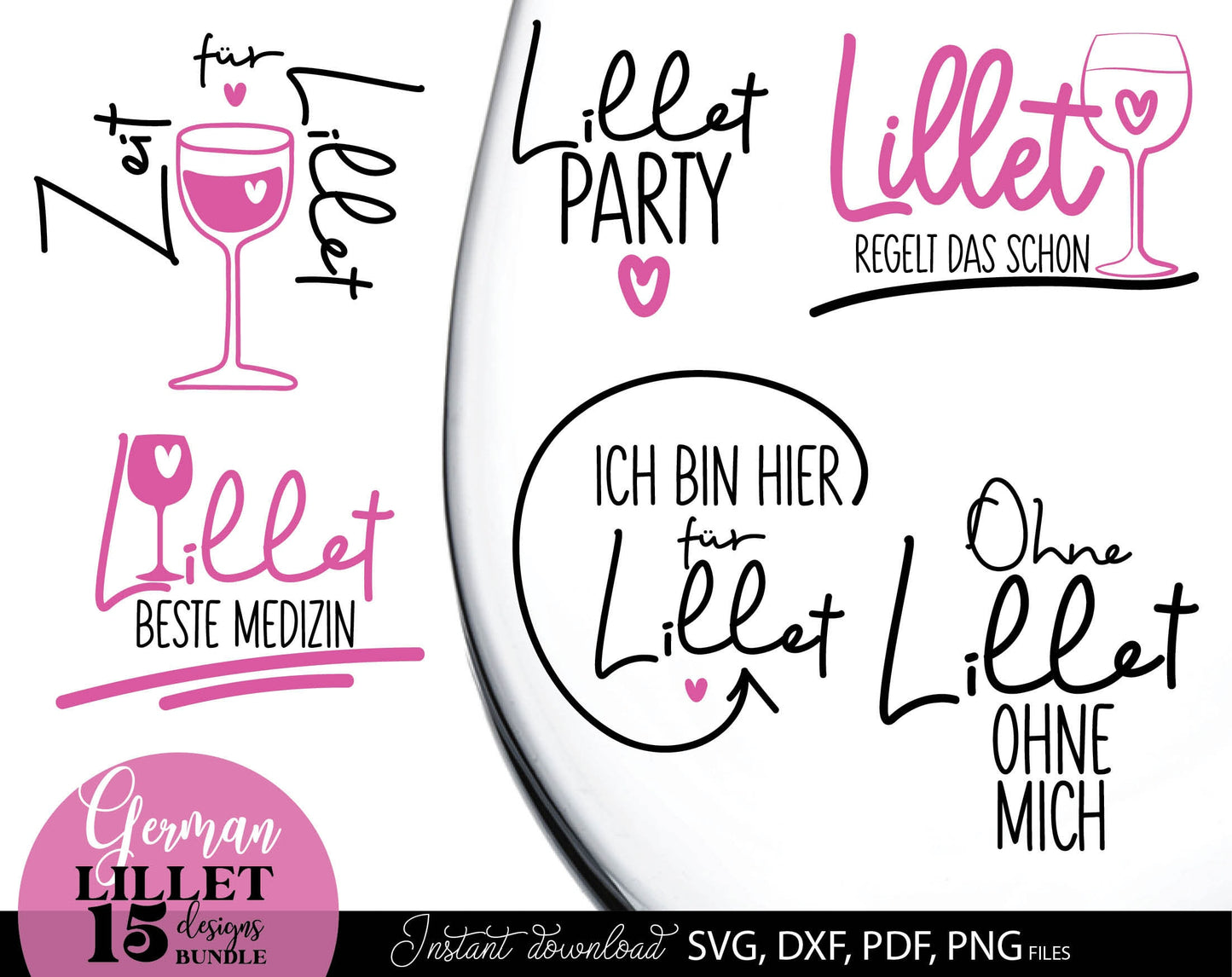 German Lillet bundle Wildberry Lillet Alcohol. SVG DXF PDF PNG files included. Compatible with Cricut, Silhouette, sublimation printers and other equipment. Cut from vinyl, use for sublimation, laser cut or grave projects. Buy now for a good price!