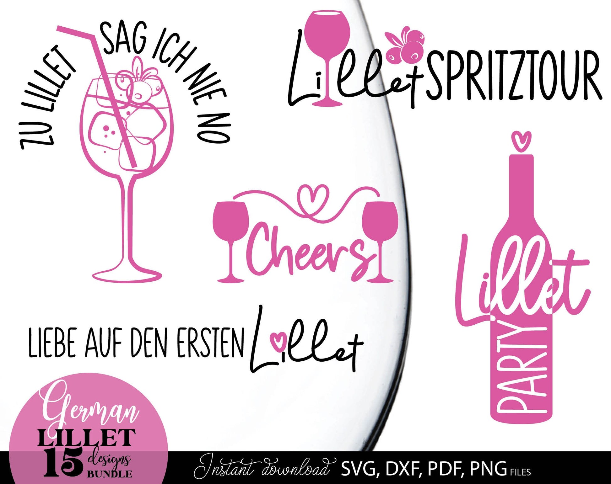 German Lillet bundle Wildberry Lillet Alcohol. SVG DXF PDF PNG files included. Compatible with Cricut, Silhouette, sublimation printers and other equipment. Cut from vinyl, use for sublimation, laser cut or grave projects. Buy now for a good price!