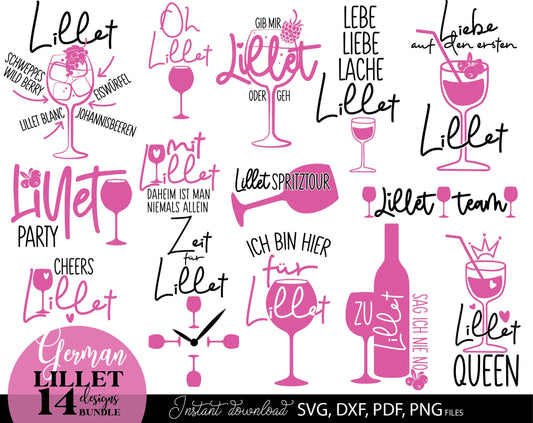 German Lillet bundle Wildberry Lillet Alcohol. SVG DXF PDF PNG files included. Compatible with Cricut, Silhouette, sublimation printers and other equipment. Cut from vinyl, use for sublimation, laser cut or grave projects. Buy now for a good price!