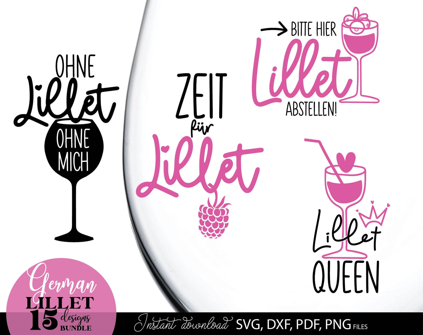 German Lillet bundle Wildberry Lillet Alcohol. SVG DXF PDF PNG files included. Compatible with Cricut, Silhouette, sublimation printers and other equipment. Cut from vinyl, use for sublimation, laser cut or grave projects. Buy now for a good price!