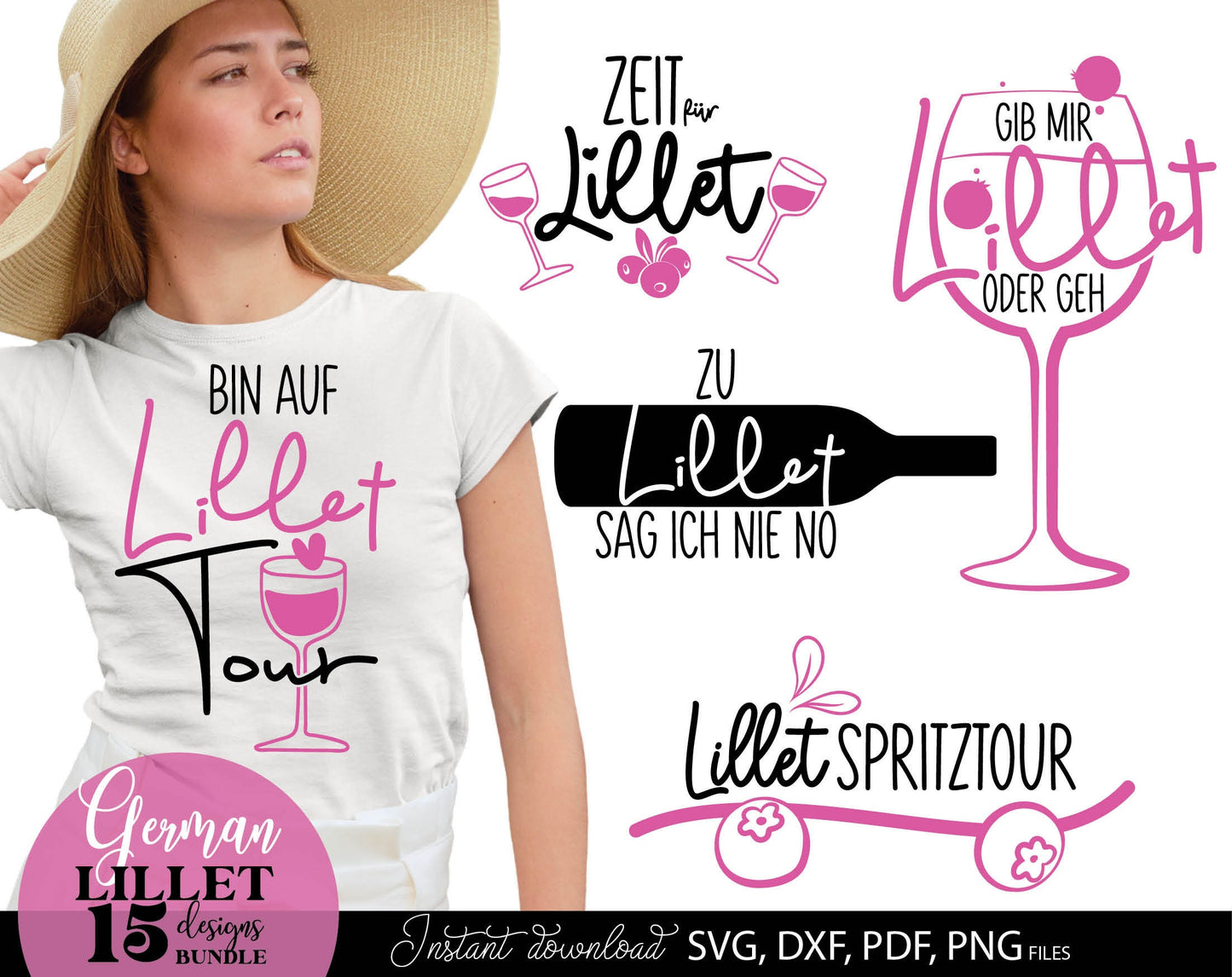 German Lillet bundle Wildberry Lillet Alcohol. SVG DXF PDF PNG files included. Compatible with Cricut, Silhouette, sublimation printers and other equipment. Cut from vinyl, use for sublimation, laser cut or grave projects. Buy now for a good price!