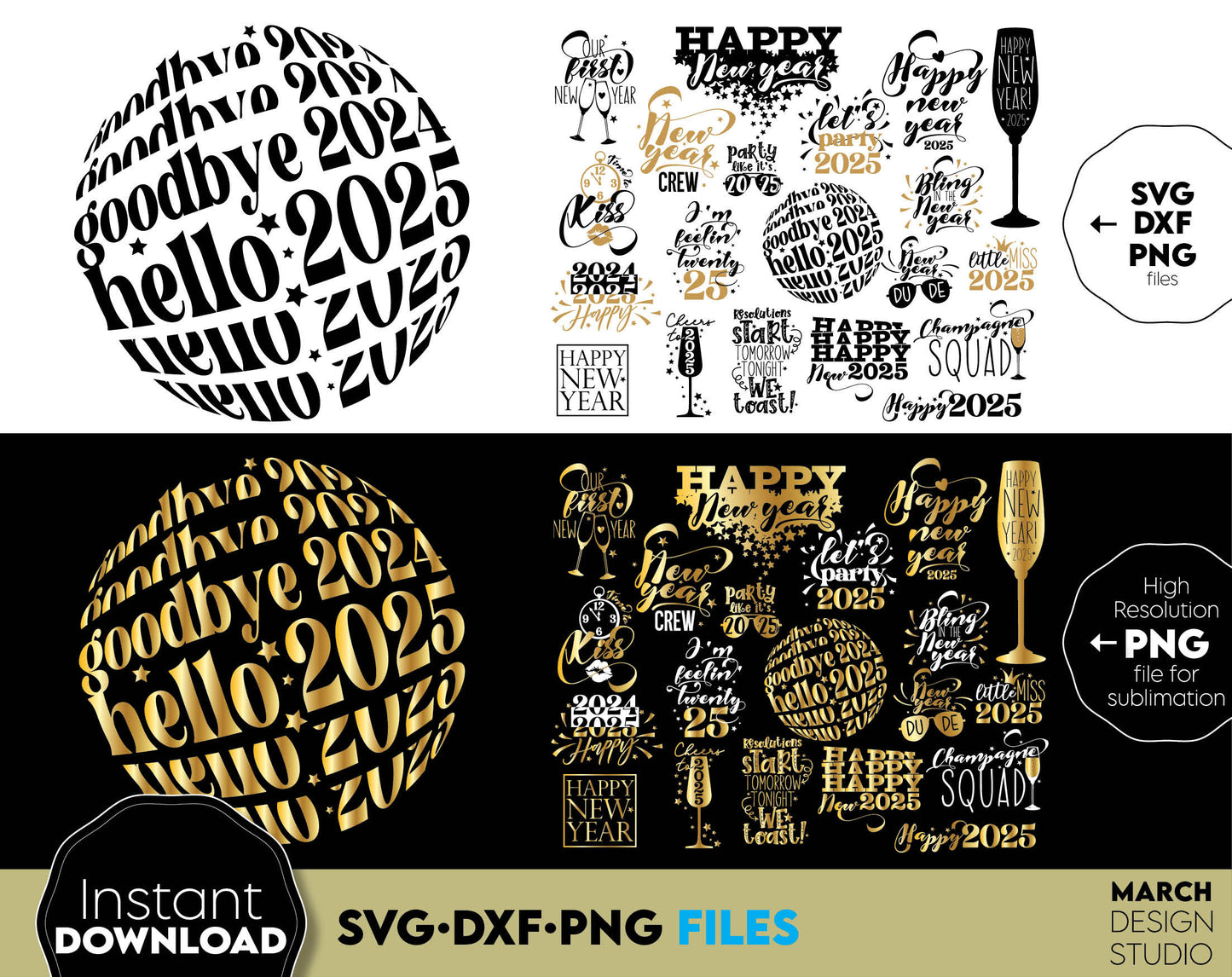 Happy New Year 2025 SVG Bundle | Hand Lettered New Year Ornaments SVG | New Years SVG | New Year Sublimation | New Year Quotes Svg | Png Dxf