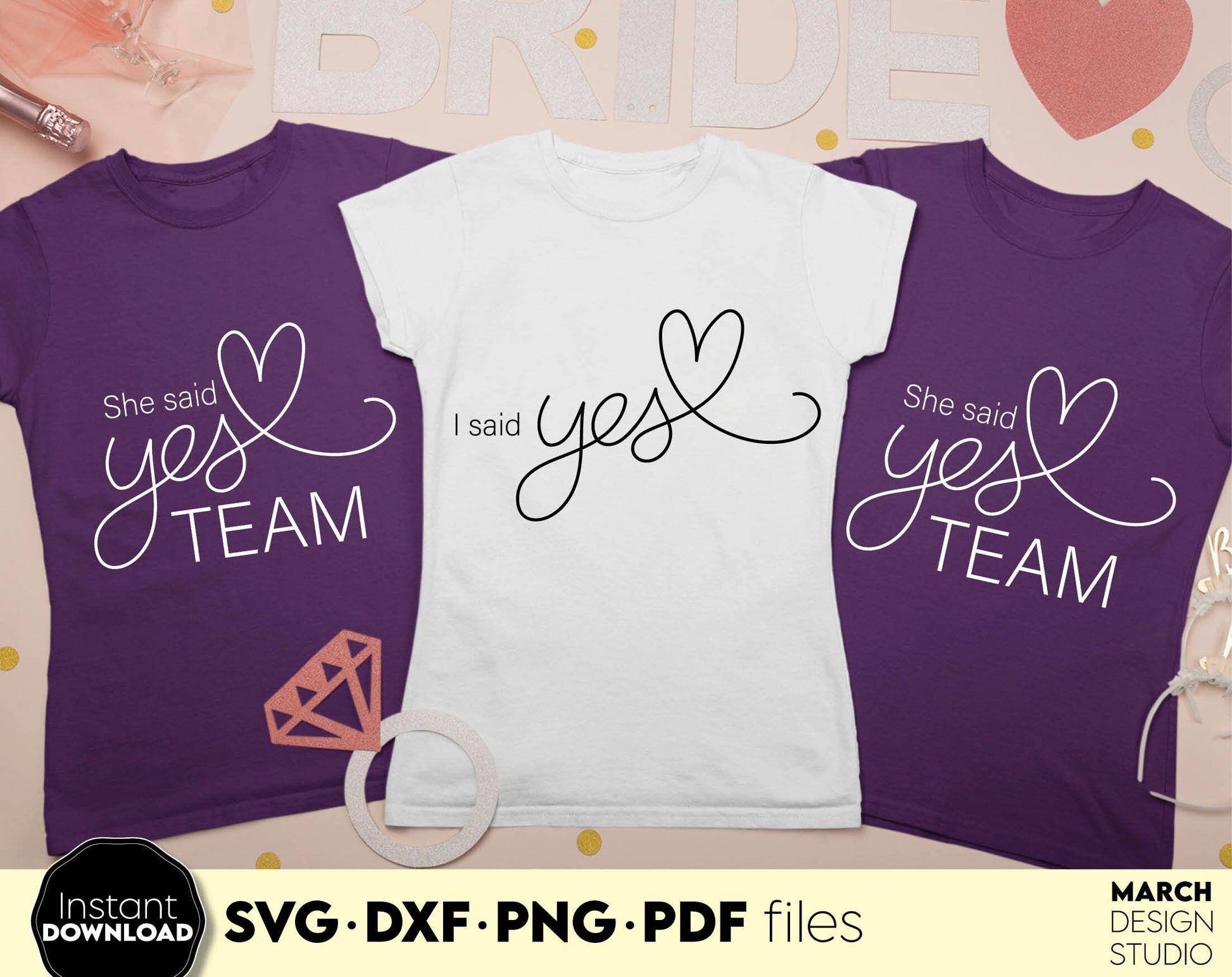 I said Yes and She said Yes TEAM design for wedding gifts. SVG DXF PNG PDF files included. Compatible with Cricut, Silhouette or sublimation printers. Cut from vinyl, use for sublimation or laser cut projects. Buy now for a good price and enjoy