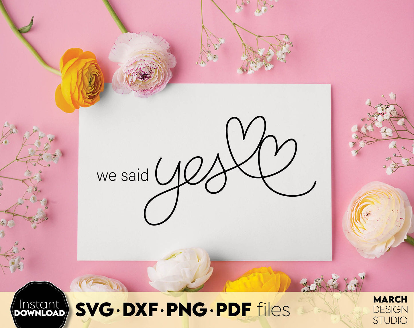 We Said Yes design for shirts, cards, wedding party decal. SVG DXF PNG PDF files included. Compatible with Cricut, Silhouette or sublimation printers. Cut from vinyl, use for sublimation or laser cut projects. Buy now for a good price and enjoy!