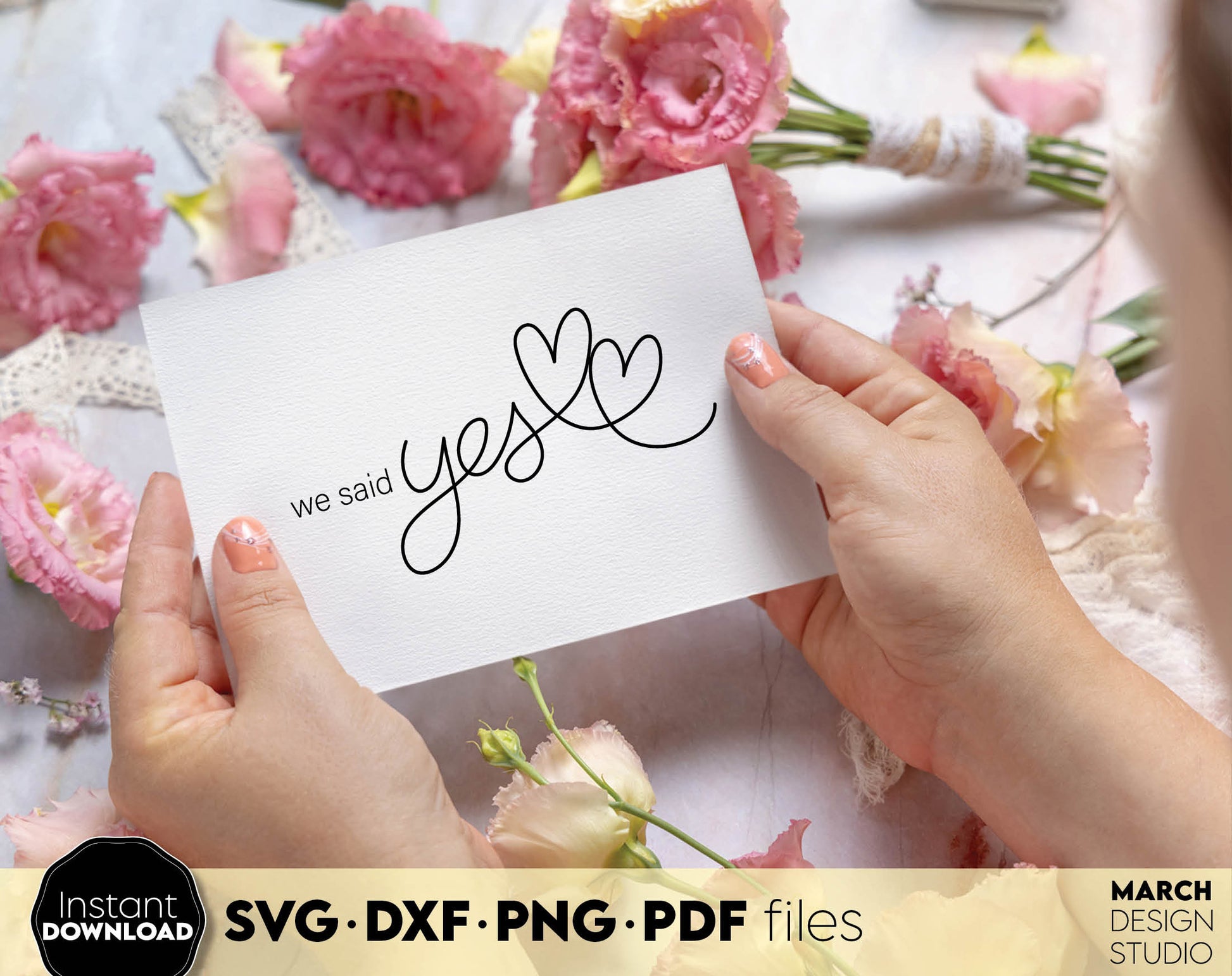 We Said Yes design for shirts, cards, wedding party decal. SVG DXF PNG PDF files included. Compatible with Cricut, Silhouette or sublimation printers. Cut from vinyl, use for sublimation or laser cut projects. Buy now for a good price and enjoy!