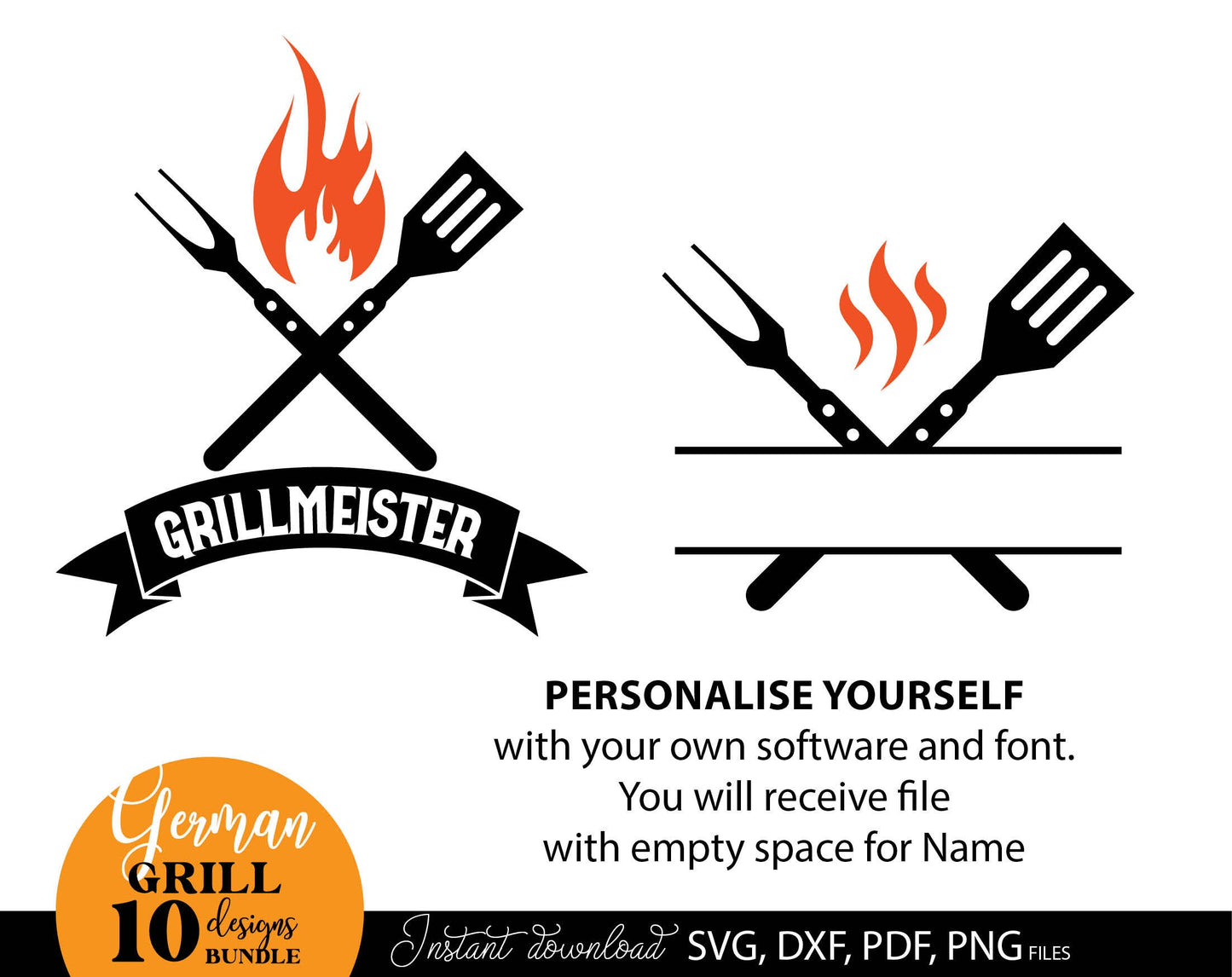 German Grillmeister plotter files bundle. SVG DXF PDF PNG files included. Compatible with Cricut, Silhouette, sublimation printers or other equipment. Cut from vinyl, use for sublimation or laser cut or grave projects. Buy now for a good price!