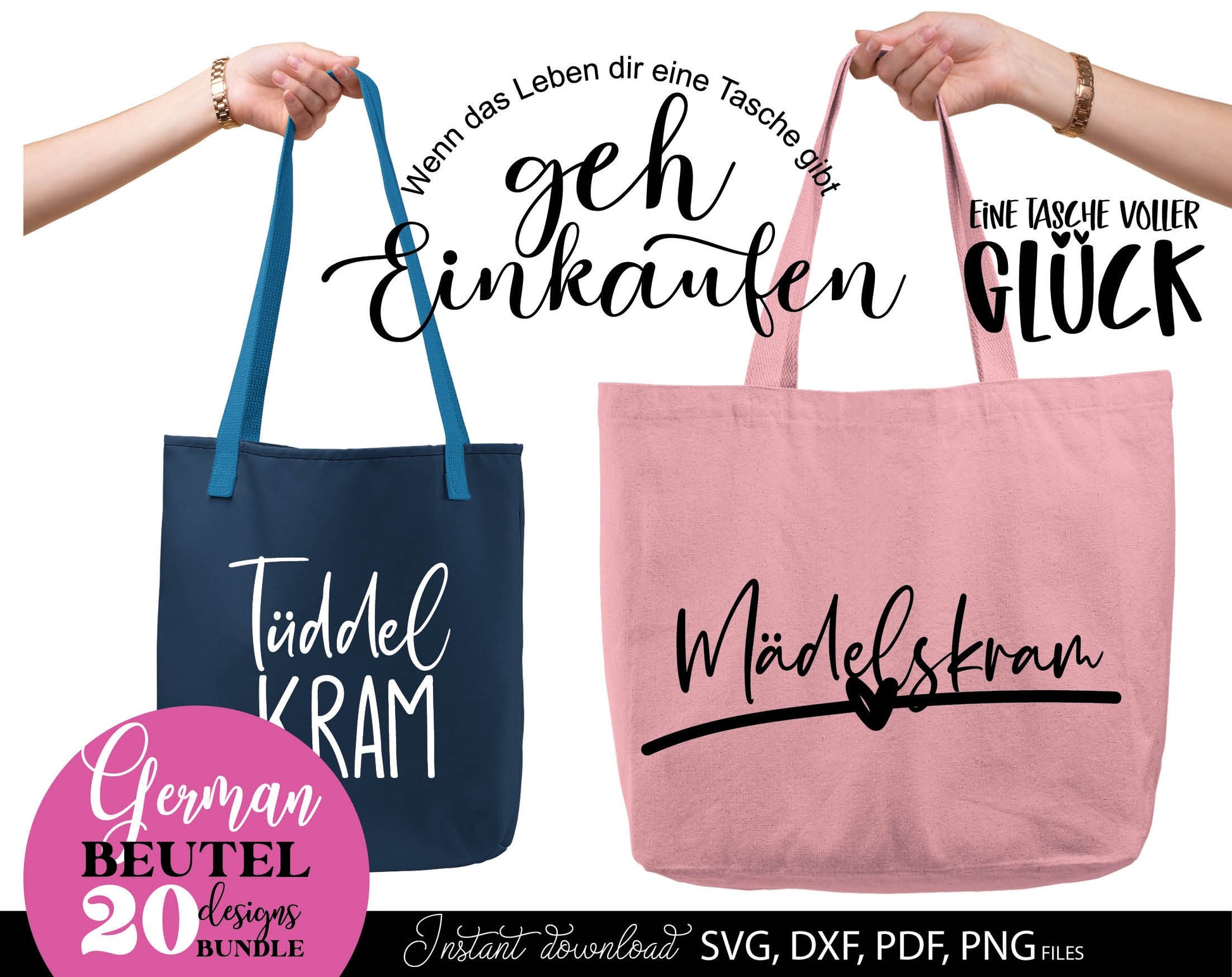 Deutsche Spruche fur Beutel Plotterdatei Taschenspruche Bundle. SVG DXF PDF PNG files included. Compatible with Cricut, Silhouette, sublimation printers and other equipment. Cut from vinyl, use for sublimation or laser cut or grave projects. Buy now!