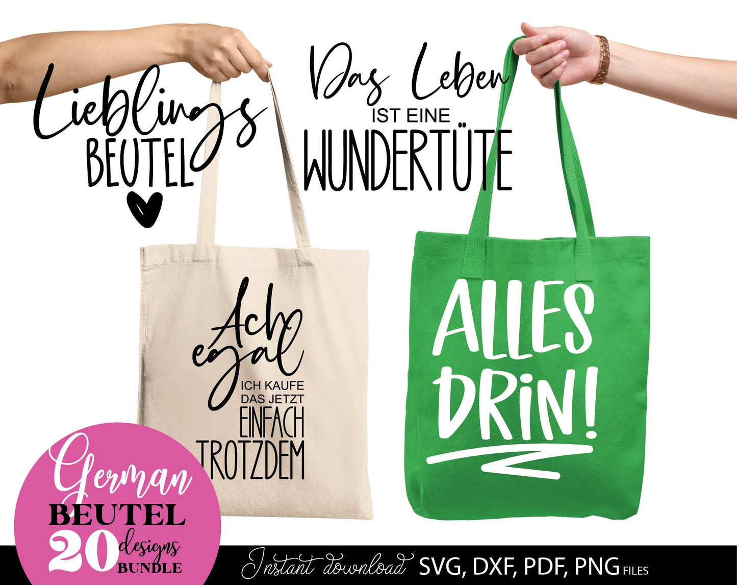 Deutsche Spruche fur Beutel Plotterdatei Taschenspruche Bundle. SVG DXF PDF PNG files included. Compatible with Cricut, Silhouette, sublimation printers and other equipment. Cut from vinyl, use for sublimation or laser cut or grave projects. Buy now!