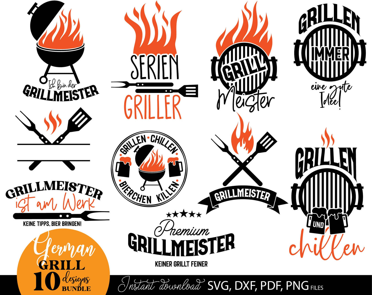 German Grillmeister plotter files bundle. SVG DXF PDF PNG files included. Compatible with Cricut, Silhouette, sublimation printers or other equipment. Cut from vinyl, use for sublimation or laser cut or grave projects. Buy now for a good price!