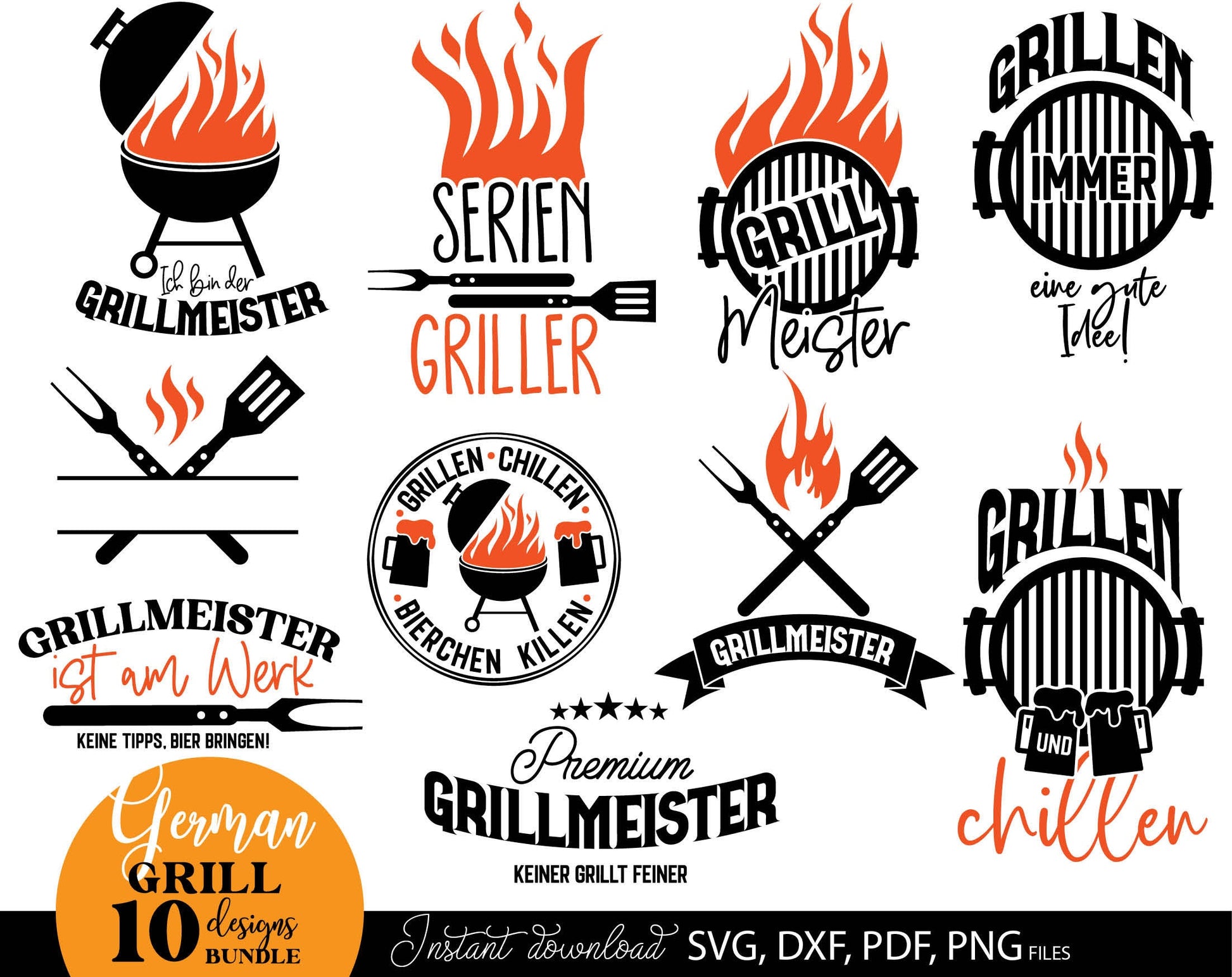 German Grillmeister plotter files bundle. SVG DXF PDF PNG files included. Compatible with Cricut, Silhouette, sublimation printers or other equipment. Cut from vinyl, use for sublimation or laser cut or grave projects. Buy now for a good price!