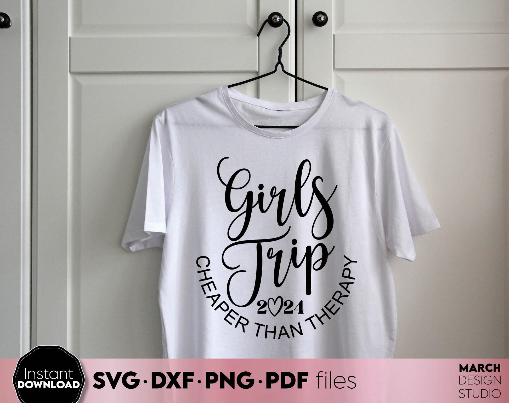 Girls Trip Matching Shirts design with Cheaper than therapy quote. SVG PNG EPS DXF JPG files included. Compatible with Cricut, Silhouette or other equipment. Cut from vinyl, use for sublimation or laser cut/ grave projects. Buy now for a good price!