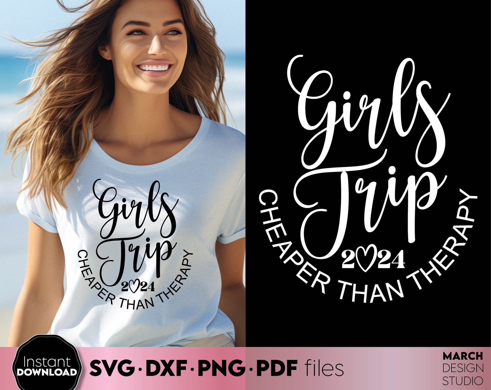 Girls Trip Matching Shirts design with Cheaper than therapy quote. SVG PNG EPS DXF JPG files included. Compatible with Cricut, Silhouette or other equipment. Cut from vinyl, use for sublimation or laser cut/ grave projects. Buy now for a good price!