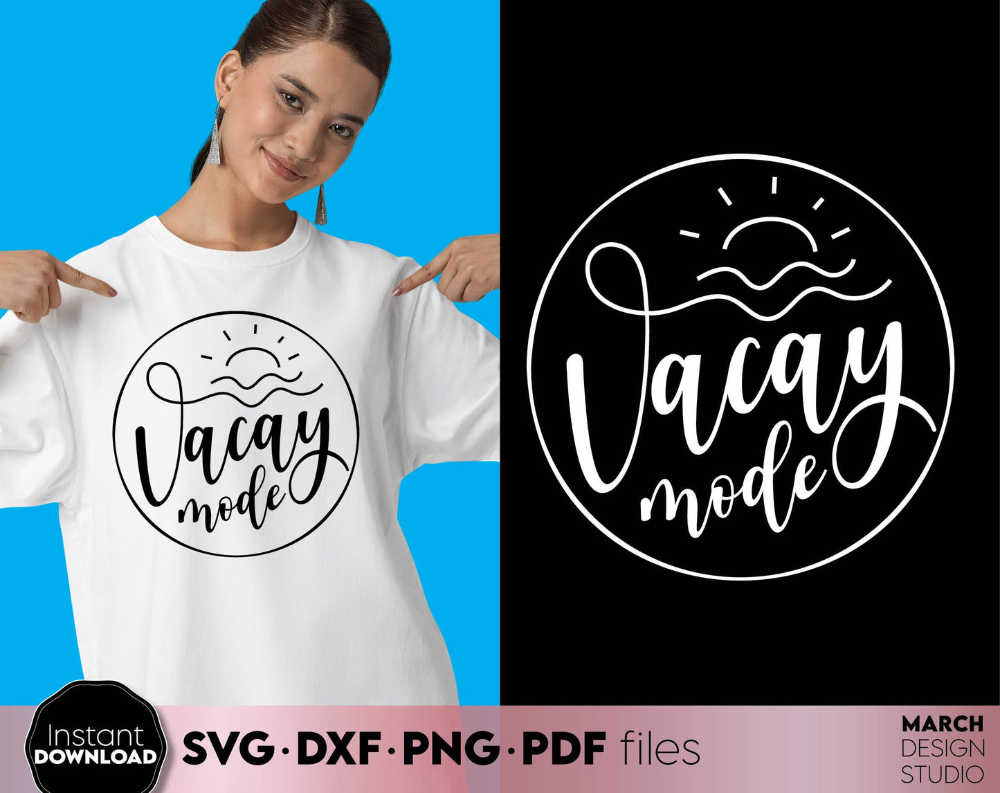 Vacay Mode Boho style shirt design. SVG PNG EPS DXF JPG files included. Compatible with Cricut, Silhouette or other equipment. Cut from vinyl, use for sublimation or laser cut/ grave projects. Buy now for a good price and enjoy!