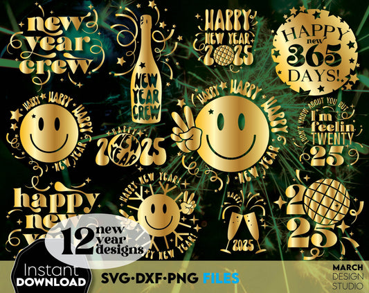 Happy New Year 2025 SVG Bundle | Hand Lettered New Year Ornaments SVG | New Years SVG | New Year Sublimation | New Year Quotes Svg | Png Dxf