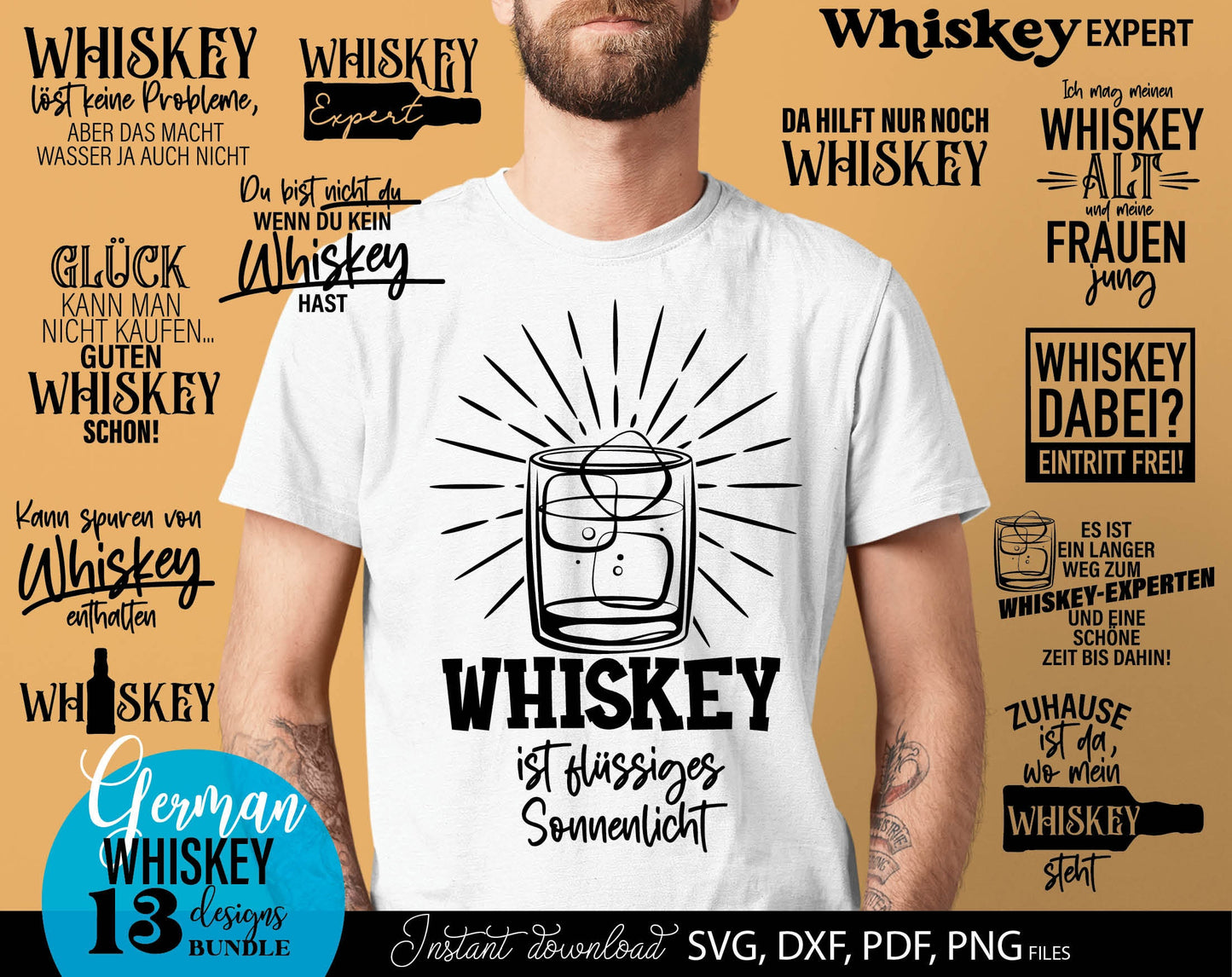 German Whiskey quotes for shirts, coasters and other. SVG DXF PDF PNG files included. Compatible with Cricut, Silhouette, sublimation printers or other equipment. Cut from vinyl, use for sublimation or laser cut or grave projects. Buy now and enjoy!