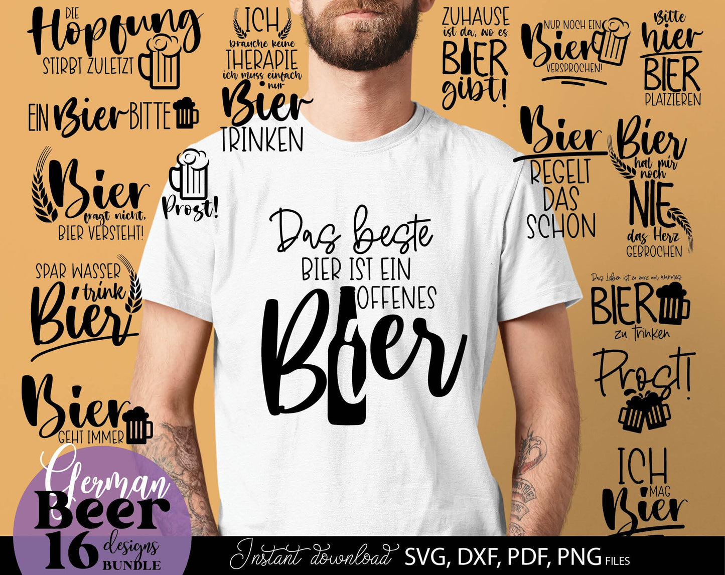 16 German bier lover quotes plotter file bundle. SVG, DXF, PDF, PNG, JPG files included. Cut from vinyl, use for sublimation or laser cut / grave projects. Compatible with Cricut, Silhouette or other equipment. Buy now for a good price and enjoy!