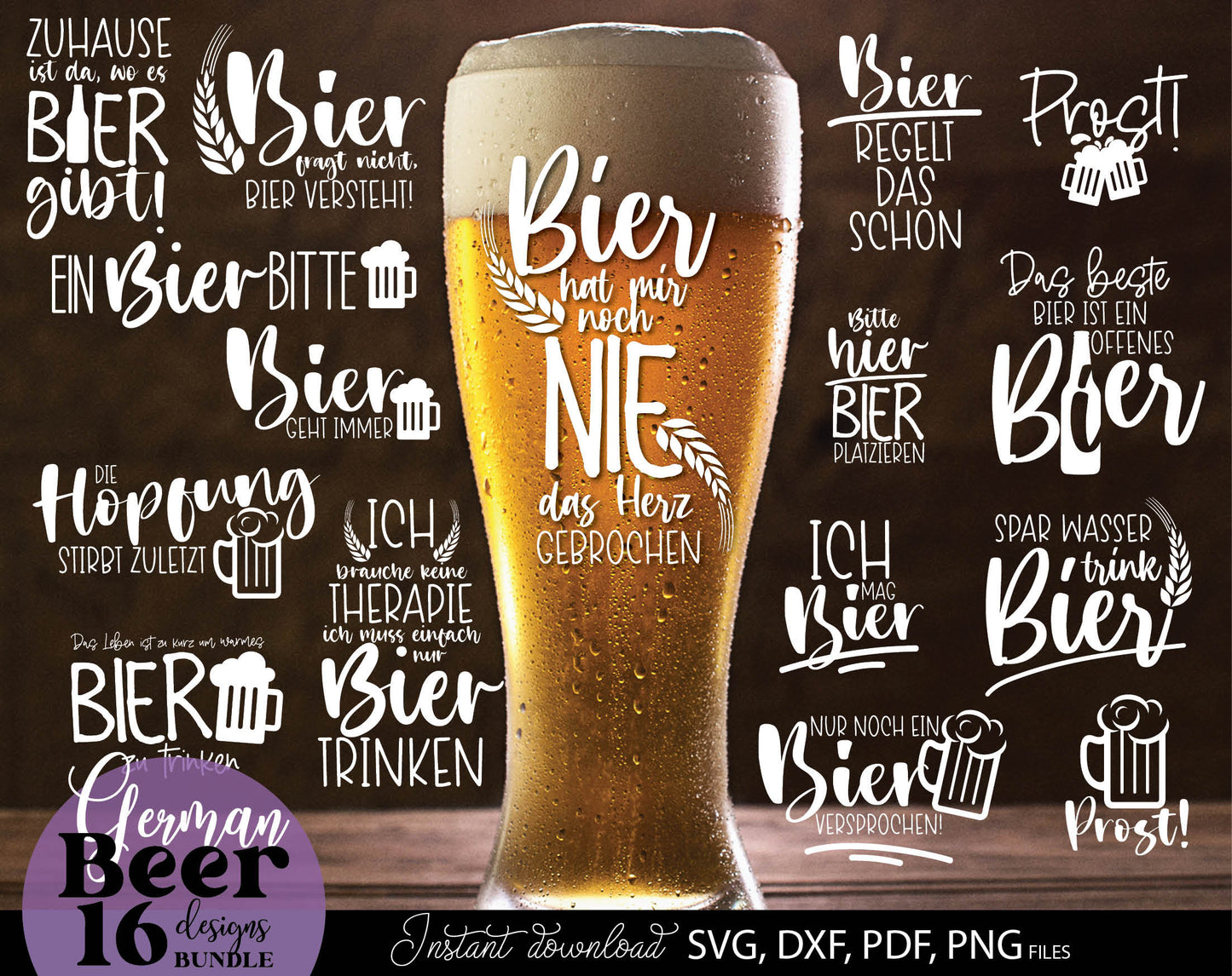 16 German bier lover quotes plotter file bundle. SVG, DXF, PDF, PNG, JPG files included. Cut from vinyl, use for sublimation or laser cut / grave projects. Compatible with Cricut, Silhouette or other equipment. Buy now for a good price and enjoy!