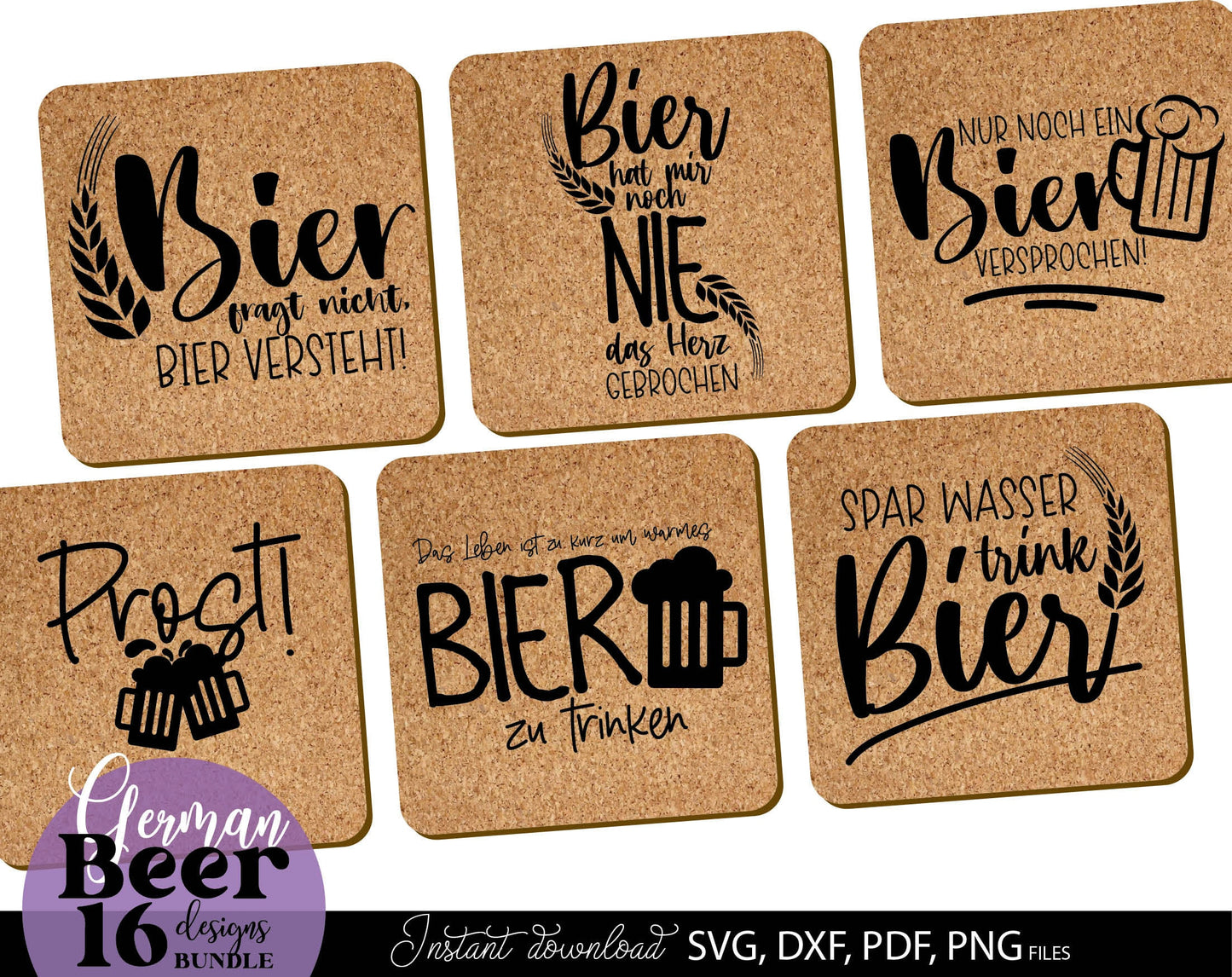 16 German bier lover quotes plotter file bundle. SVG, DXF, PDF, PNG, JPG files included. Cut from vinyl, use for sublimation or laser cut / grave projects. Compatible with Cricut, Silhouette or other equipment. Buy now for a good price and enjoy!