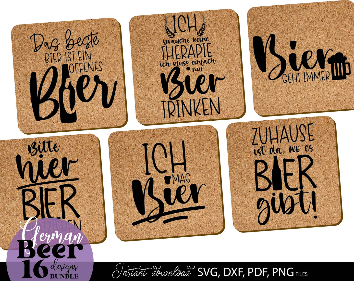 16 German bier lover quotes plotter file bundle. SVG, DXF, PDF, PNG, JPG files included. Cut from vinyl, use for sublimation or laser cut / grave projects. Compatible with Cricut, Silhouette or other equipment. Buy now for a good price and enjoy!