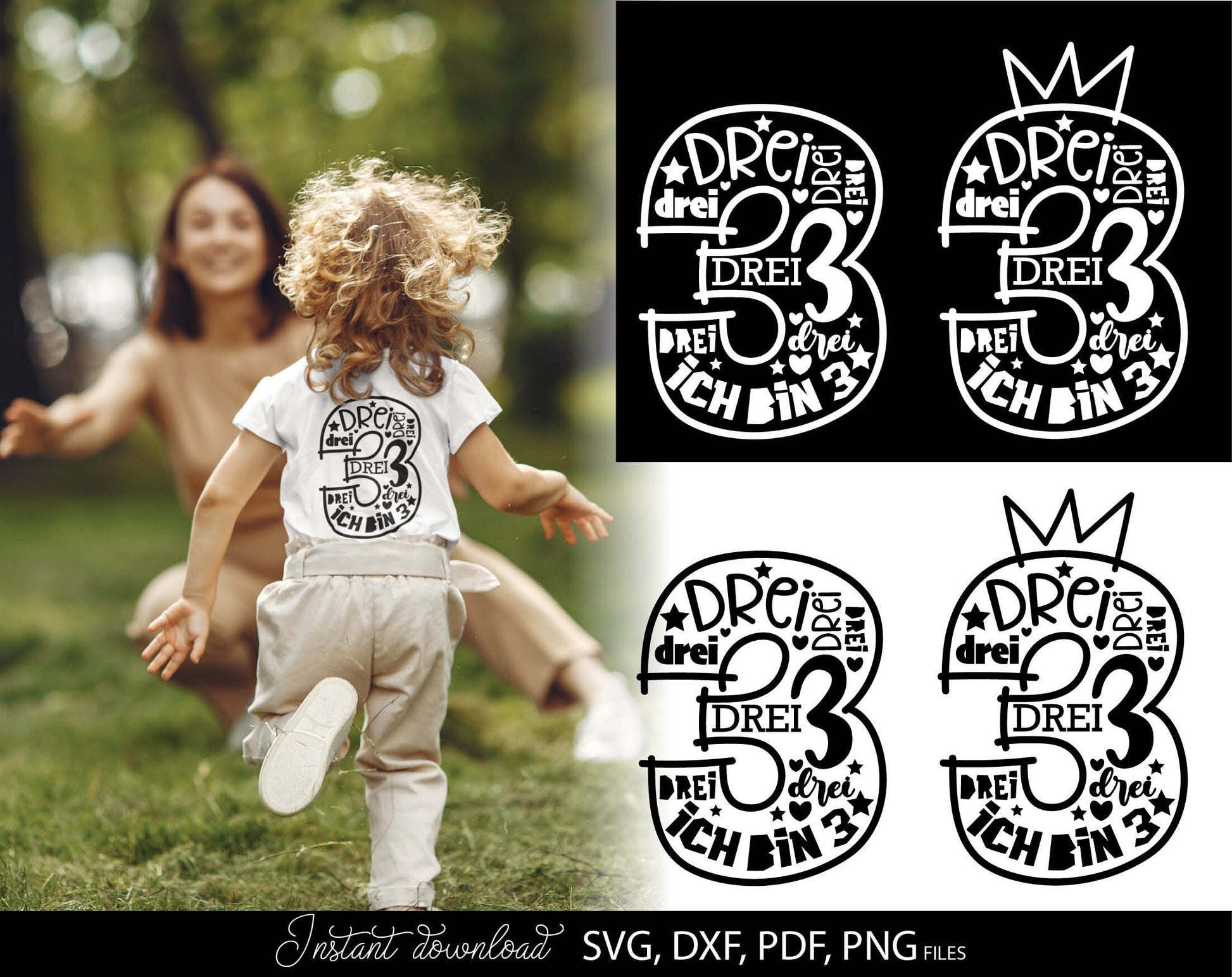 German Kind Der Dritte Geburtstag Number Plotter File Bundle Svg Png German kids Geburtstag number plotter file Geburtstagskind Drei Clipart. SVG DXF PDF PNG files included. Compatible with Cricut, Silhouette Studio or other equipment. Buy now, enjoy