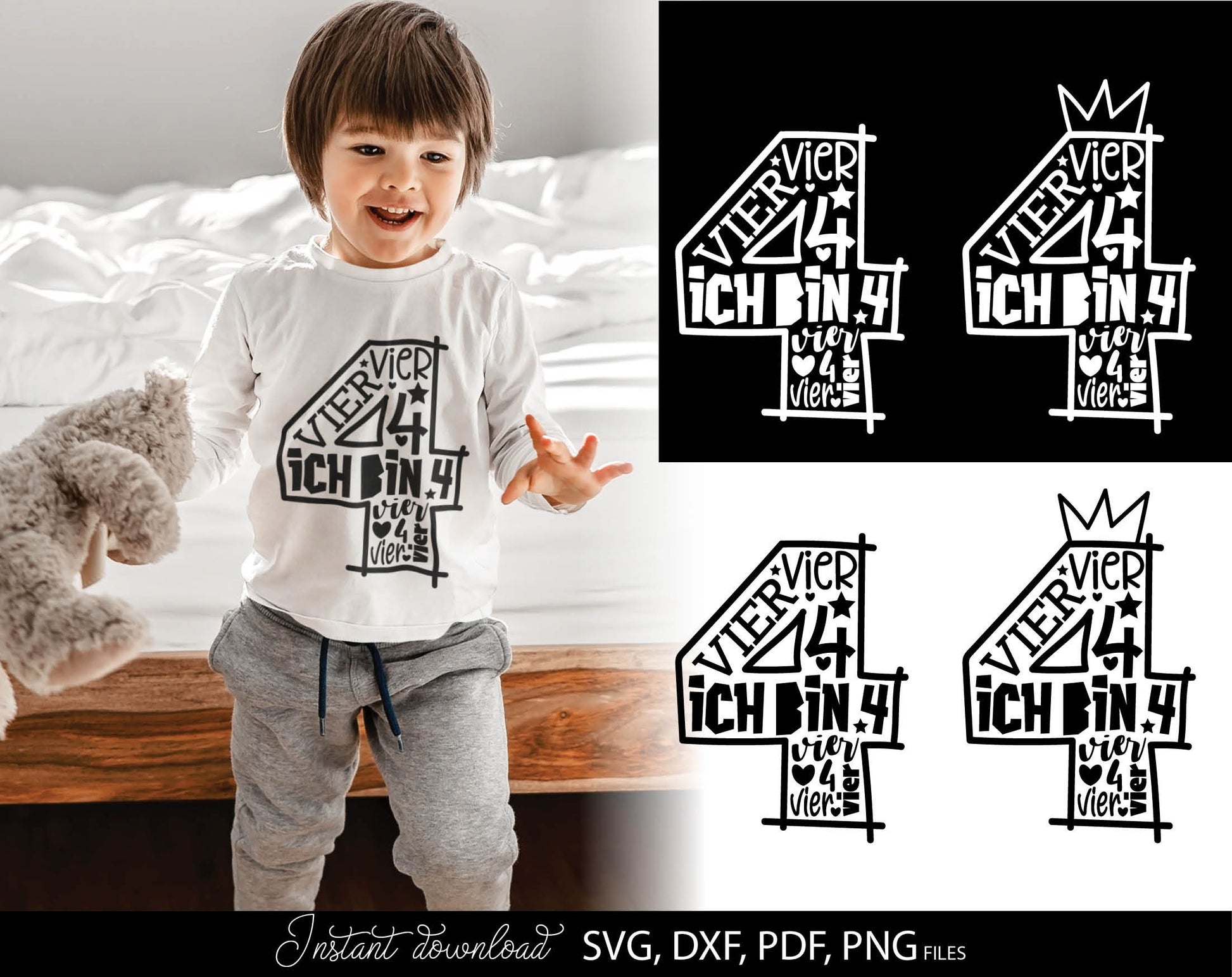 German Kind Vierter Geburtstag Number Vier Plotter File Svg Png kids Geburtstag number plotterdatei Geburtstagskind vier Jahre Clipart. SVG DXF PDF PNG files included. Compatible with Cricut, Silhouette Studio or other equipment. Buy now and enjoy!