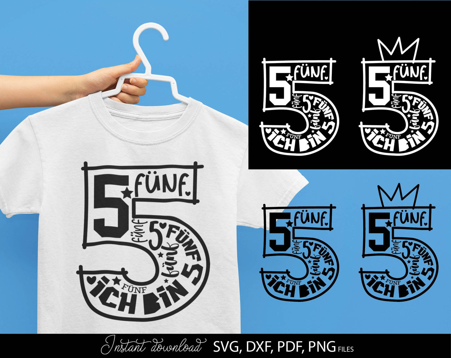 German Kind fünfter Geburtstag Number fünf Plotter File Bundle Svg Png German kids ein Geschenk number plotter file Geburtstagskind Clipart. SVG PNG DXF PDF files included. Compatible with Cricut, Silhouette studio or other equipment. Buy now!