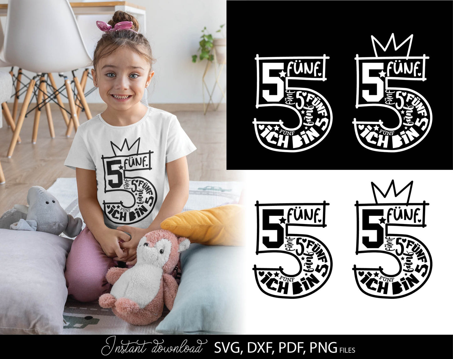 German Kind fünfter Geburtstag Number fünf Plotter File Bundle Svg Png German kids ein Geschenk number plotter file Geburtstagskind Clipart. SVG PNG DXF PDF files included. Compatible with Cricut, Silhouette studio or other equipment. Buy now!