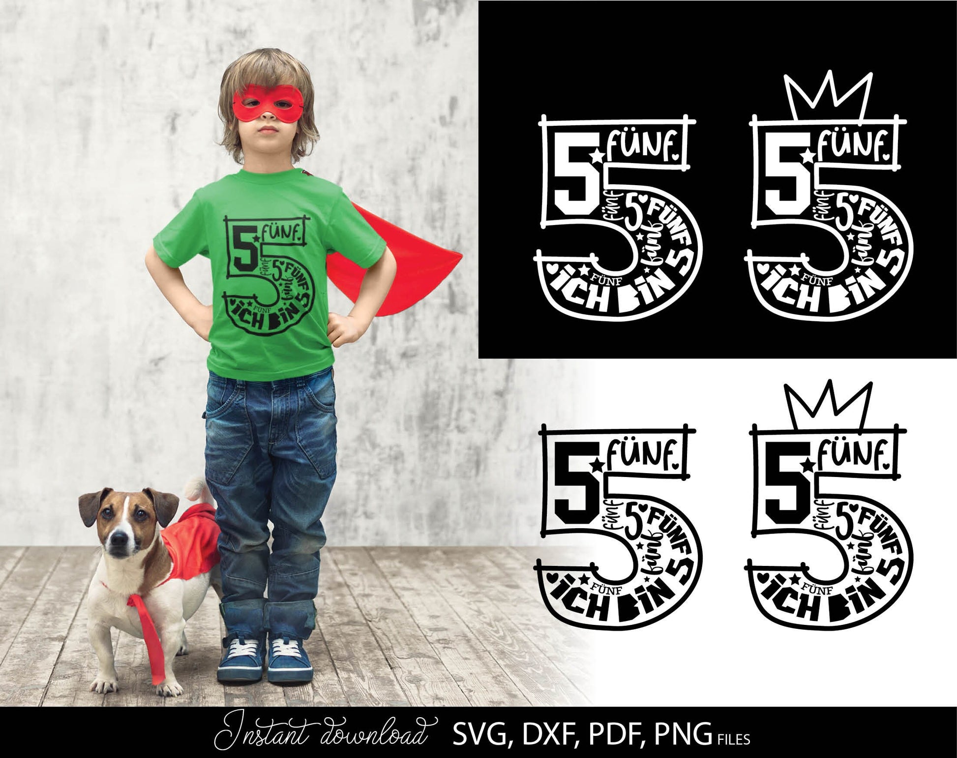 German Kind fünfter Geburtstag Number fünf Plotter File Bundle Svg Png German kids ein Geschenk number plotter file Geburtstagskind Clipart. SVG PNG DXF PDF files included. Compatible with Cricut, Silhouette studio or other equipment. Buy now!