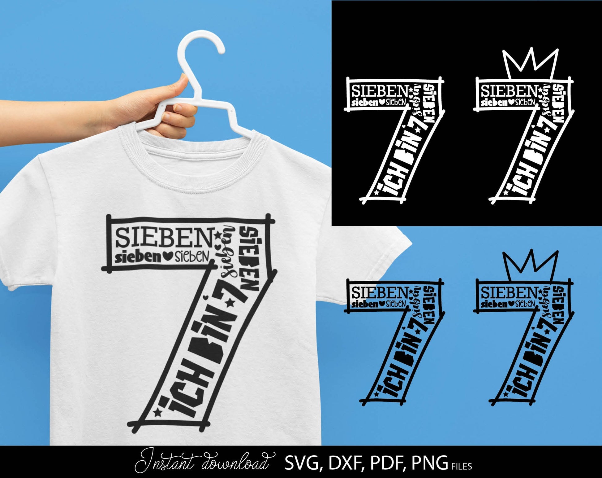 German Kind siebter Geburtstag Number sieben Plotter Svg Png German kids ein Geschenk plotterdate Geburtstagskind ich bin siebter svg png. Compatible with Cricut, Silhouette Studio, sublimation printers or laser cut or grave projects. Buy now!