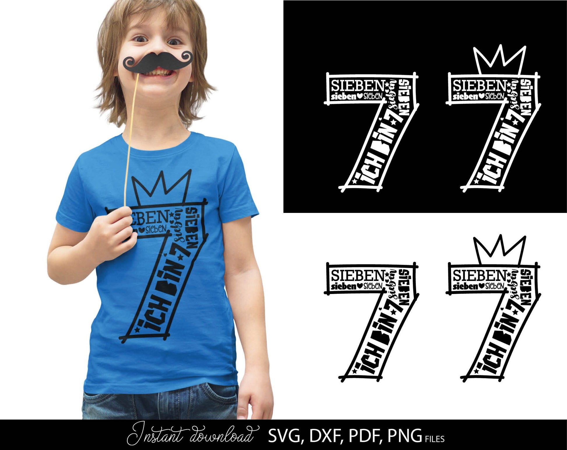 German Kind siebter Geburtstag Number sieben Plotter Svg Png German kids ein Geschenk plotterdate Geburtstagskind ich bin siebter svg png. Compatible with Cricut, Silhouette Studio, sublimation printers or laser cut or grave projects. Buy now!