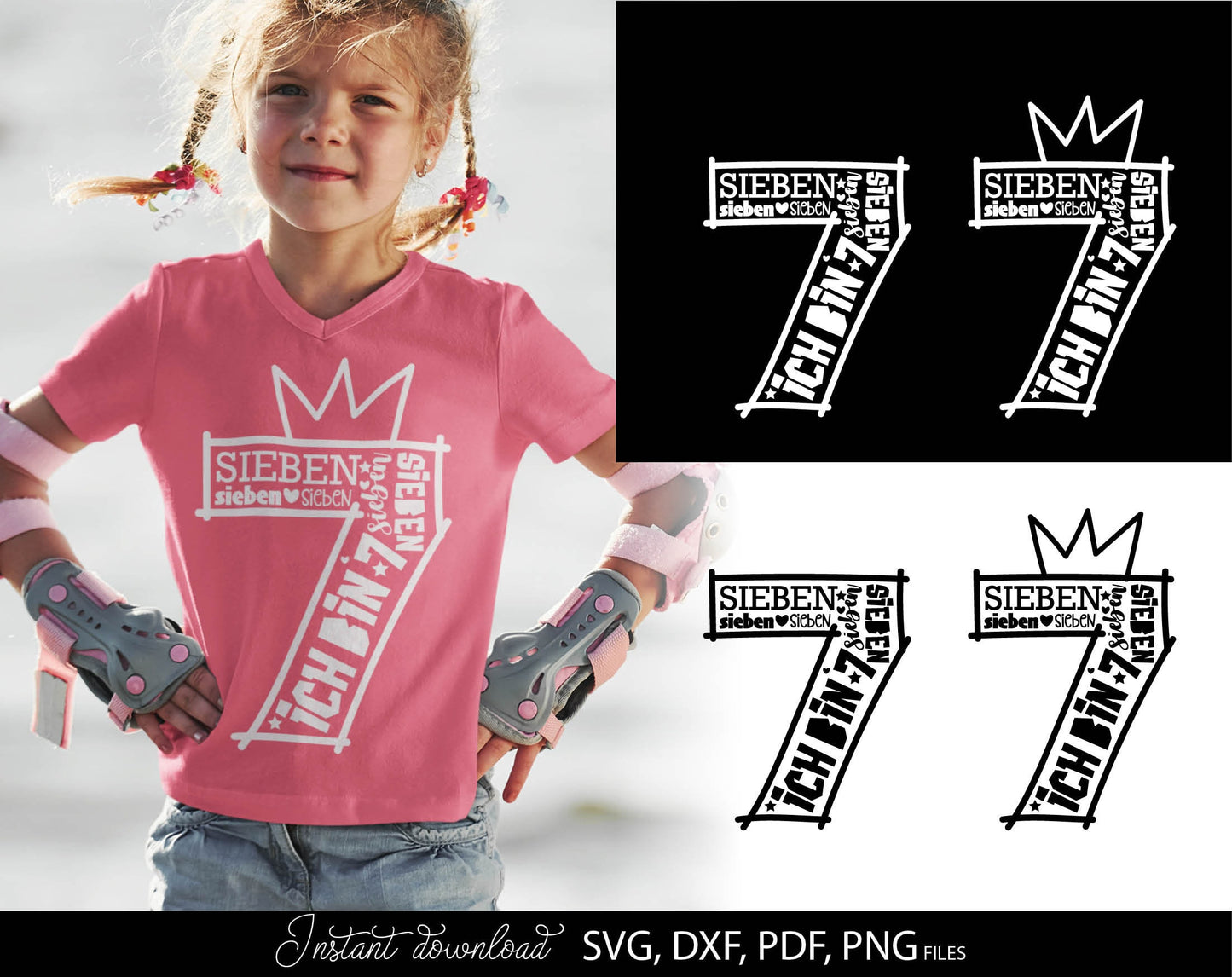 German Kind siebter Geburtstag Number sieben Plotter Svg Png German kids ein Geschenk plotterdate Geburtstagskind ich bin siebter svg png. Compatible with Cricut, Silhouette Studio, sublimation printers or laser cut or grave projects. Buy now!