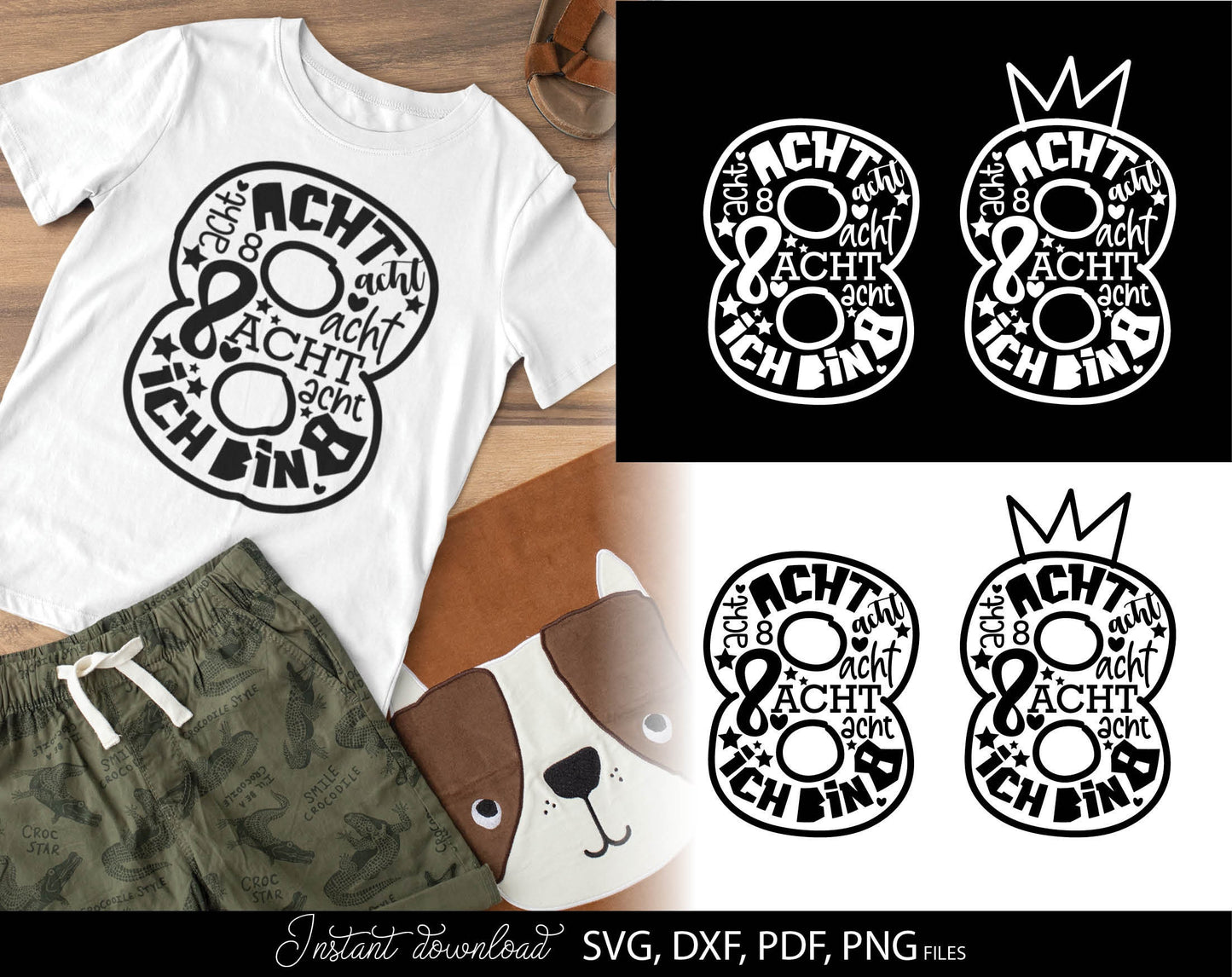 German Kind Achter Geburtstag Number acht Plotter Svg Png German kids ein Geschenk plotterdate Geburtstagskind ich bin Achter svg png.ompatible with Cricut, Silhouette, sublimation printers or laser cut or grave projects. Buy now for a good price!