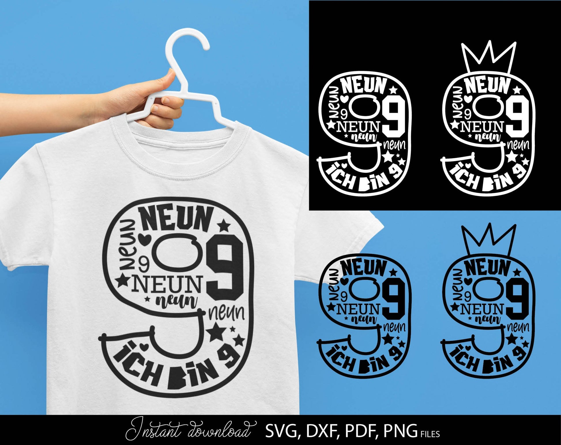 German Kind neunter Geburtstag Number neun Plotter Svg Png German kids ein Geschenk plotterdate Geburtstagskind ich bin neunter svg png. Compatible with Cricut, Silhouette Studio, sublimation printers or laser cut or grave equipment. Buy now! Enjoy!