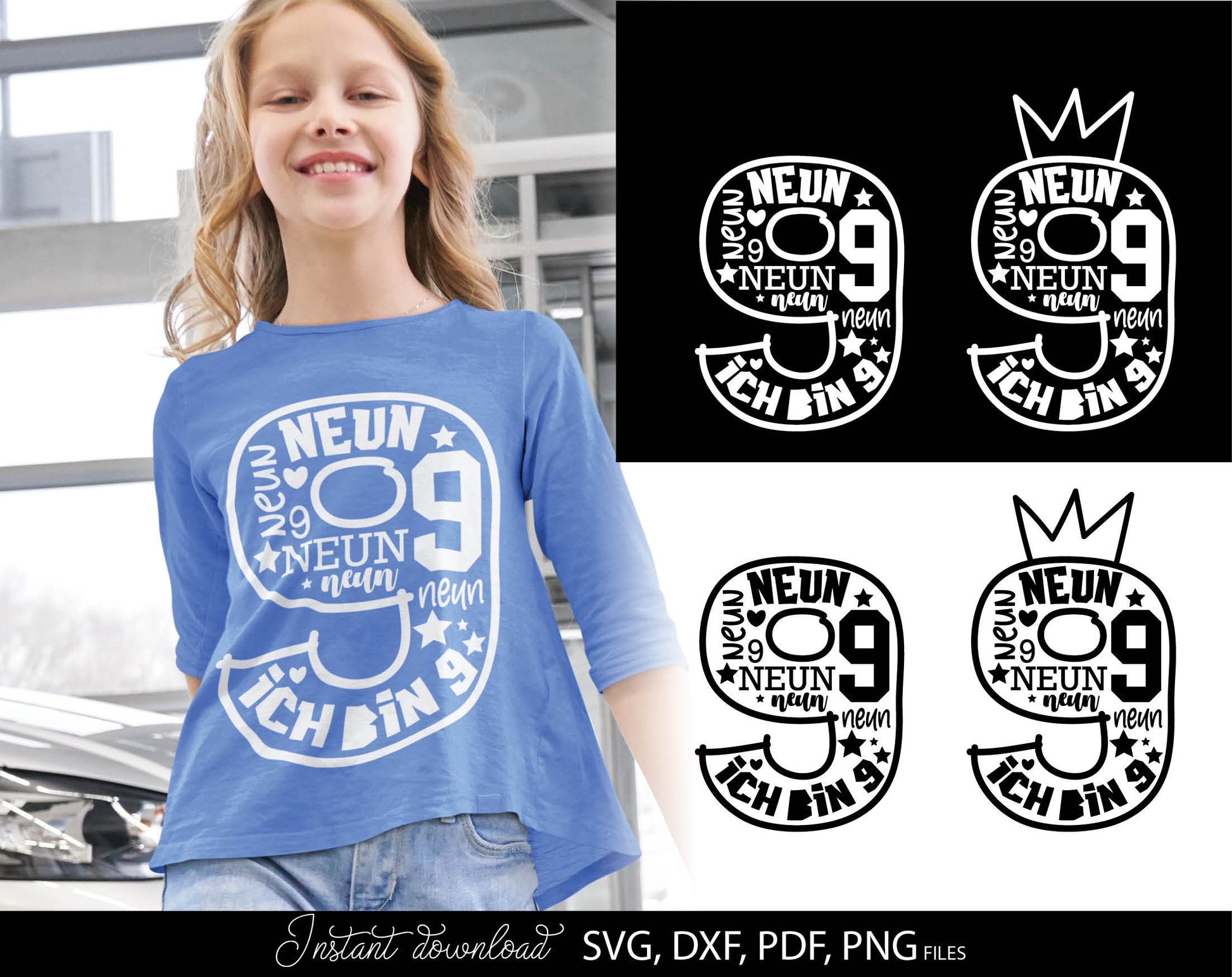 German Kind neunter Geburtstag Number neun Plotter Svg Png German kids ein Geschenk plotterdate Geburtstagskind ich bin neunter svg png. Compatible with Cricut, Silhouette Studio, sublimation printers or laser cut or grave equipment. Buy now! Enjoy!