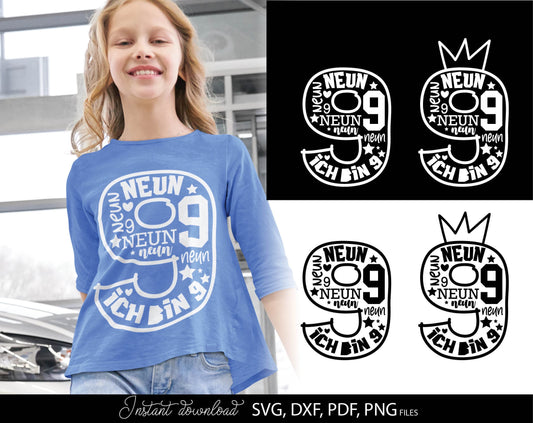 German Kind neunter Geburtstag Number neun Plotter Svg Png German kids ein Geschenk plotterdate Geburtstagskind ich bin neunter svg png. Compatible with Cricut, Silhouette Studio, sublimation printers or laser cut or grave equipment. Buy now! Enjoy!