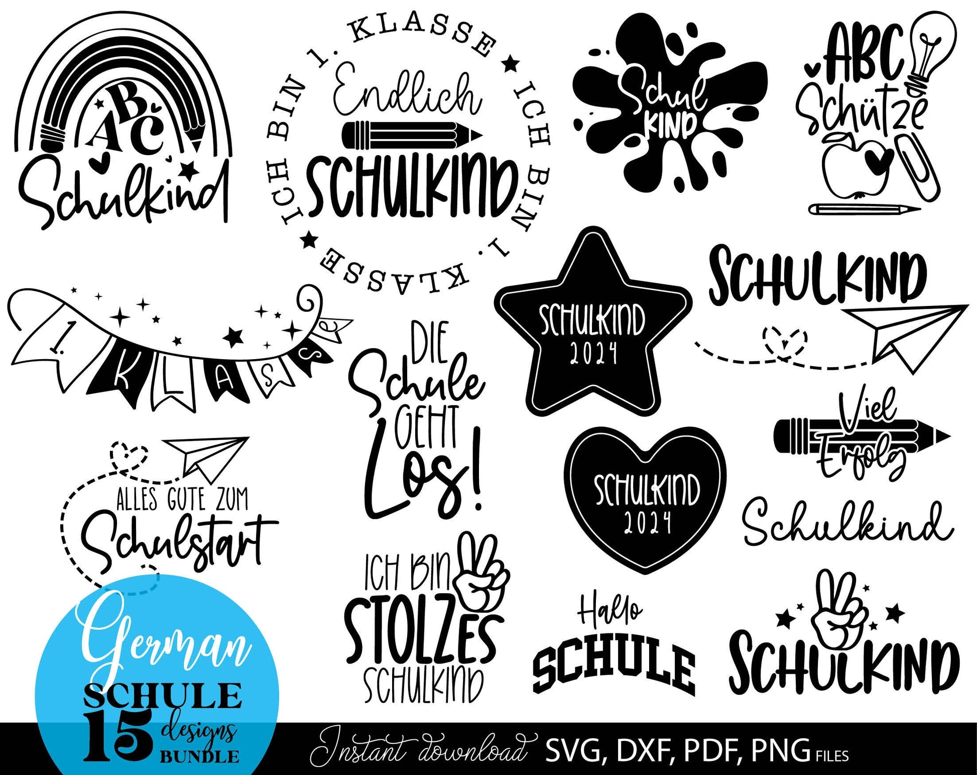 German Schulkind Plotterdatei bundle. SVG DXF PDF JPG PNG files included. Compatible With Cricut, Silhouette Studio, sublimation printers or other equipment. Cut from vinyl, use for sublimation or laser cut or grave projects. Buy now and enjoy!