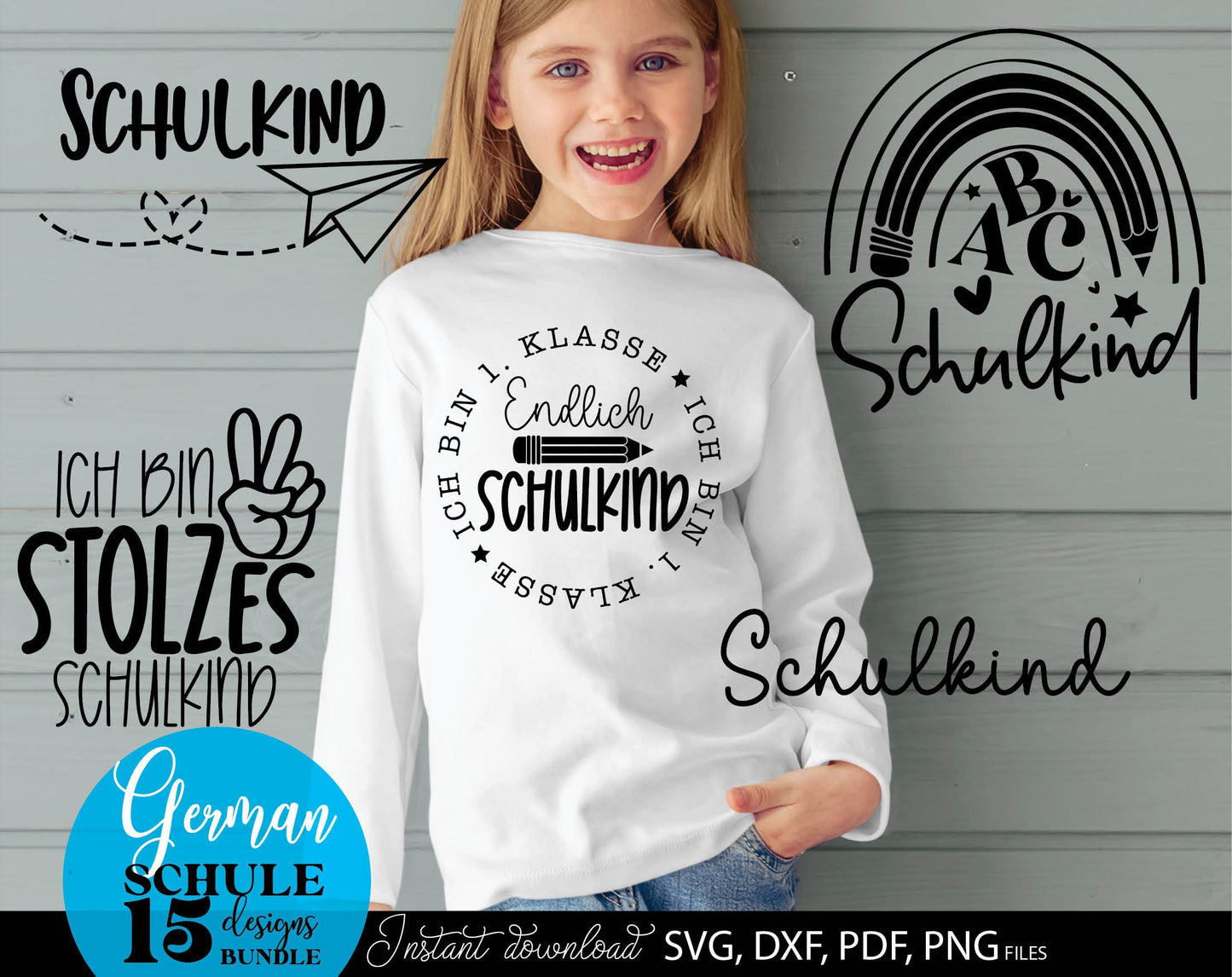 German Schulkind Plotterdatei bundle. SVG DXF PDF JPG PNG files included. Compatible With Cricut, Silhouette Studio, sublimation printers or other equipment. Cut from vinyl, use for sublimation or laser cut or grave projects. Buy now and enjoy!