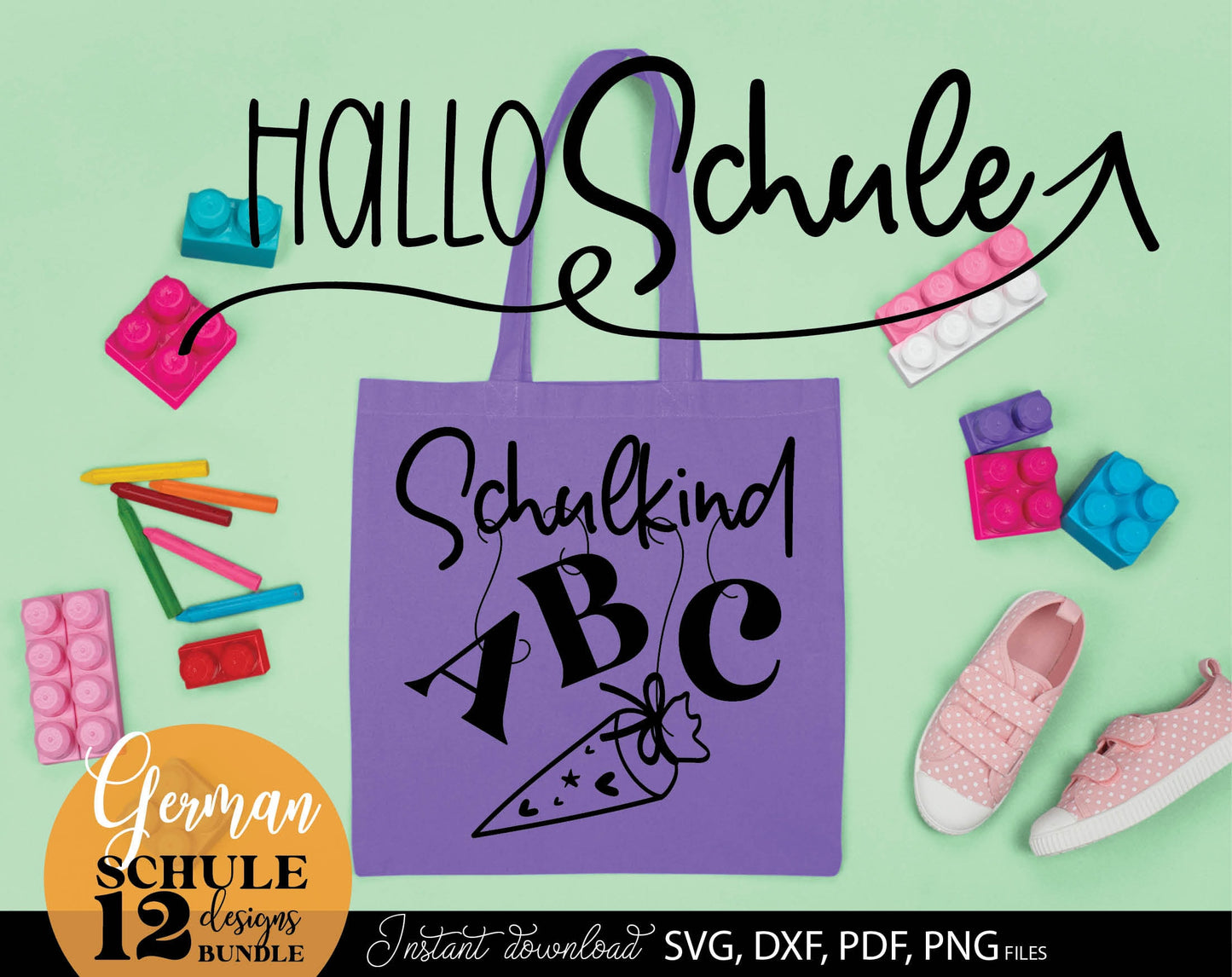 German Schulkind Plotterdatei bundle. SVG DXF PDF JPG PNG files included. Compatible With Cricut, Silhouette Studio, sublimation printers or other equipment. Cut from vinyl, use for sublimation or laser cut or grave projects. Buy now and enjoy!