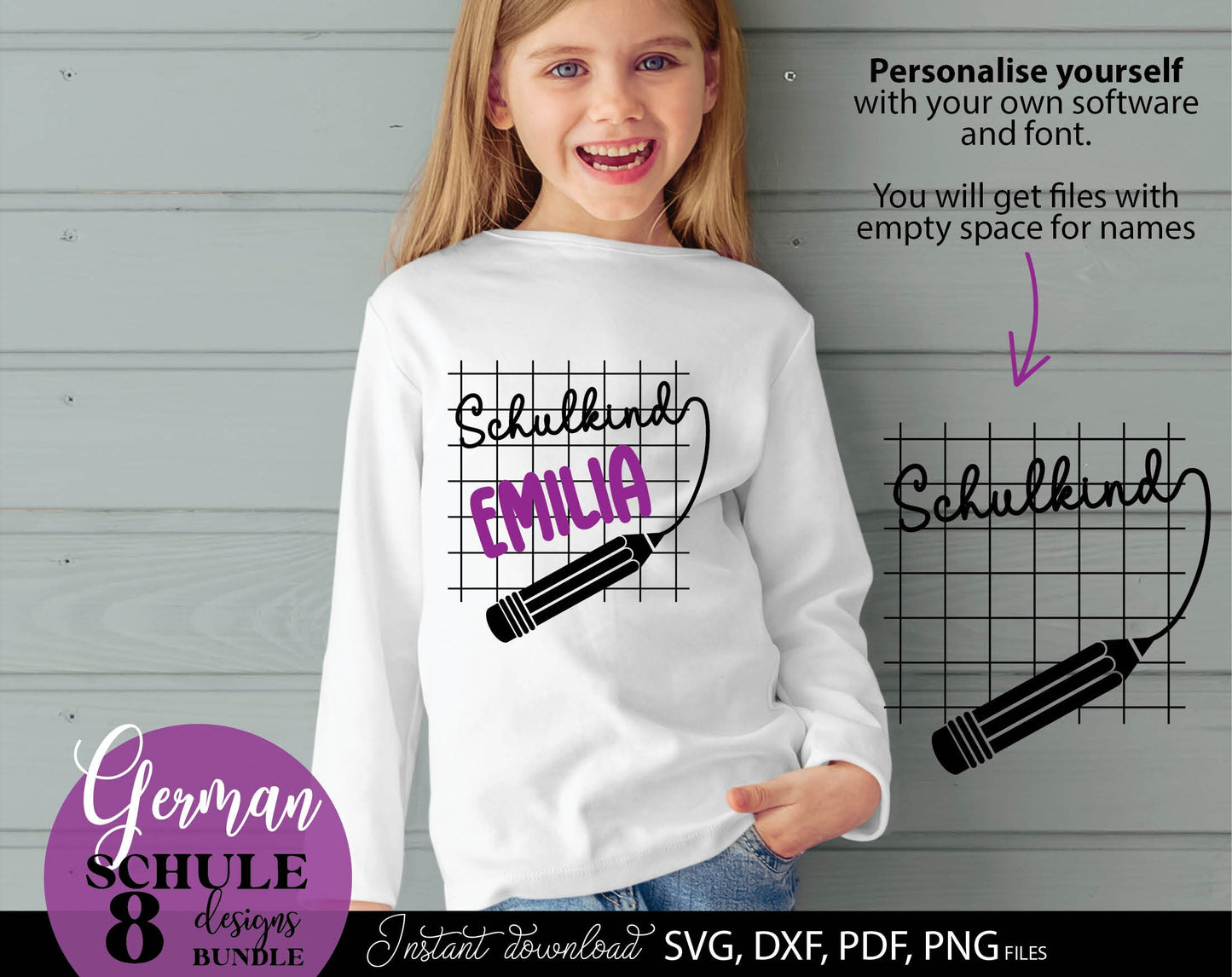 German Schulkind Plotterdatei bundle. SVG DXF PDF JPG PNG files included. Compatible With Cricut, Silhouette Studio, sublimation printers or other equipment. Cut from vinyl, use for sublimation or laser cut or grave projects. Buy now and enjoy!