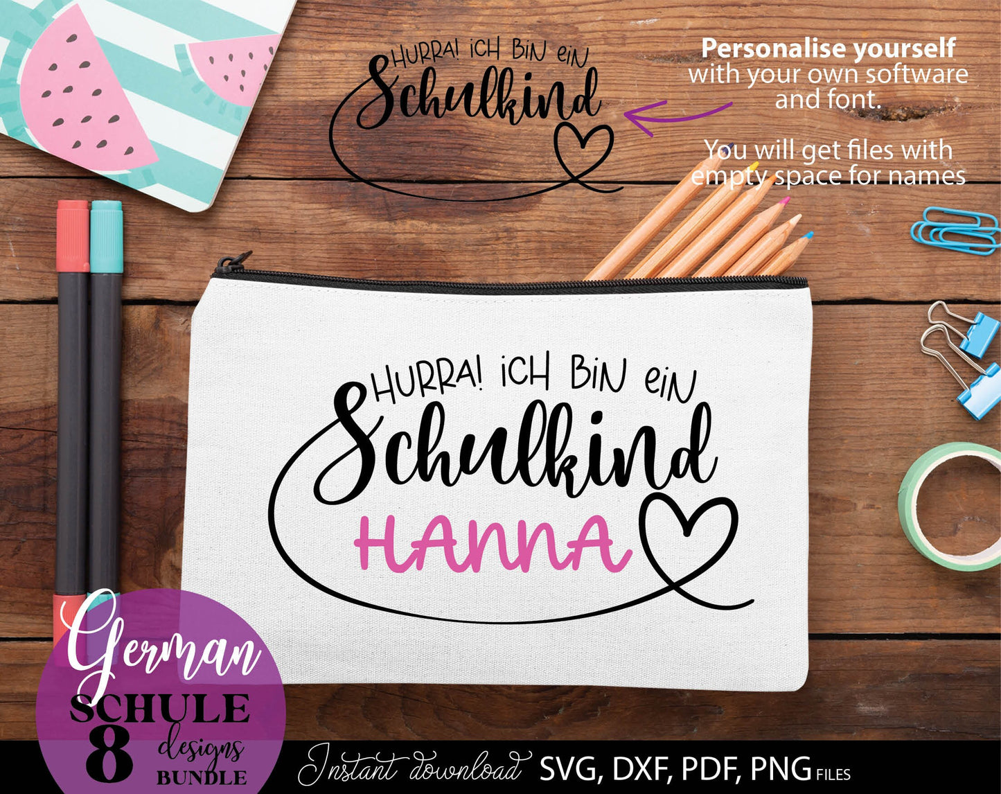 German Schulkind Plotterdatei bundle. SVG DXF PDF JPG PNG files included. Compatible With Cricut, Silhouette Studio, sublimation printers or other equipment. Cut from vinyl, use for sublimation or laser cut or grave projects. Buy now and enjoy!