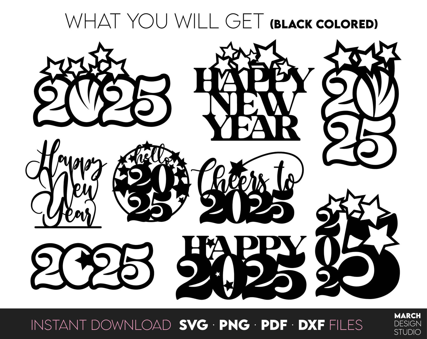 9 new year 2025 cake toppers bundle. SVG PNG PDF EPS DXF files included. Compatible with Cricut, Silhouette or other equipment. Cut from vinyl, use for sublimation or laser cut CNC or laser grave projects. Buy now for a good price and enjoy!