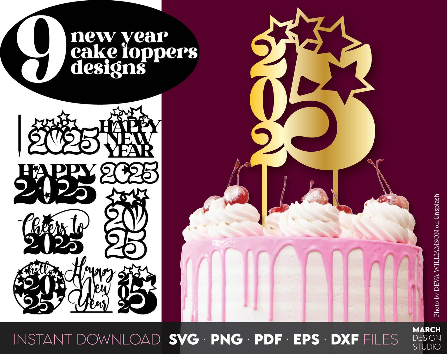 9 new year 2025 cake toppers bundle. SVG PNG PDF EPS DXF files included. Compatible with Cricut, Silhouette or other equipment. Cut from vinyl, use for sublimation or laser cut CNC or laser grave projects. Buy now for a good price and enjoy!