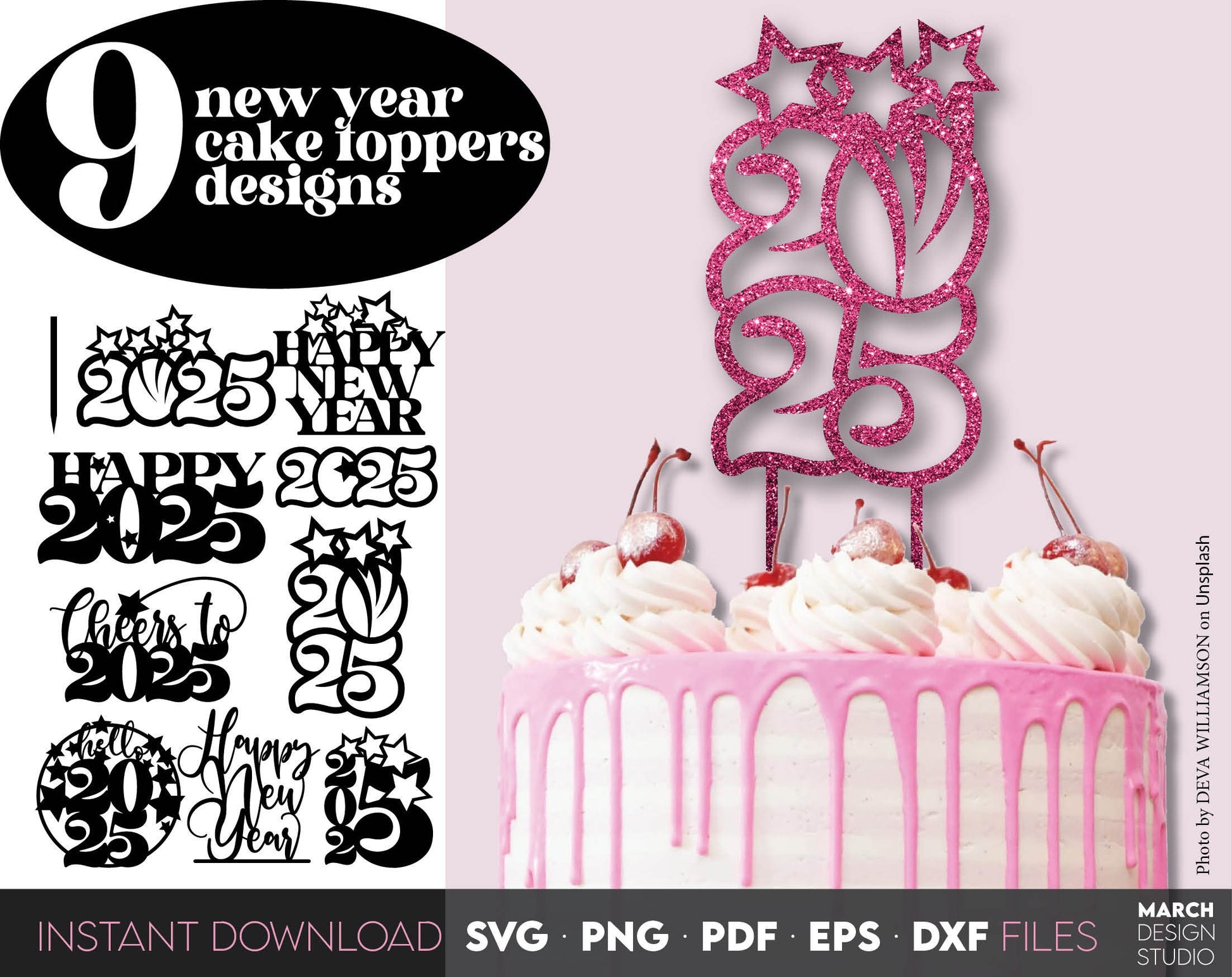 9 new year 2025 cake toppers bundle. SVG PNG PDF EPS DXF files included. Compatible with Cricut, Silhouette or other equipment. Cut from vinyl, use for sublimation or laser cut CNC or laser grave projects. Buy now for a good price and enjoy!