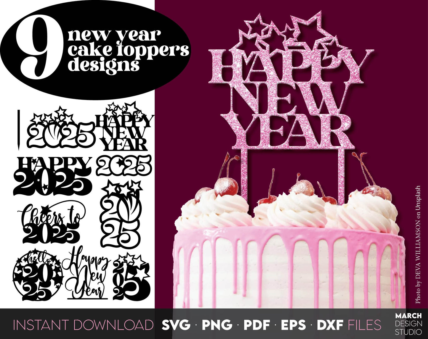 9 new year 2025 cake toppers bundle. SVG PNG PDF EPS DXF files included. Compatible with Cricut, Silhouette or other equipment. Cut from vinyl, use for sublimation or laser cut CNC or laser grave projects. Buy now for a good price and enjoy!