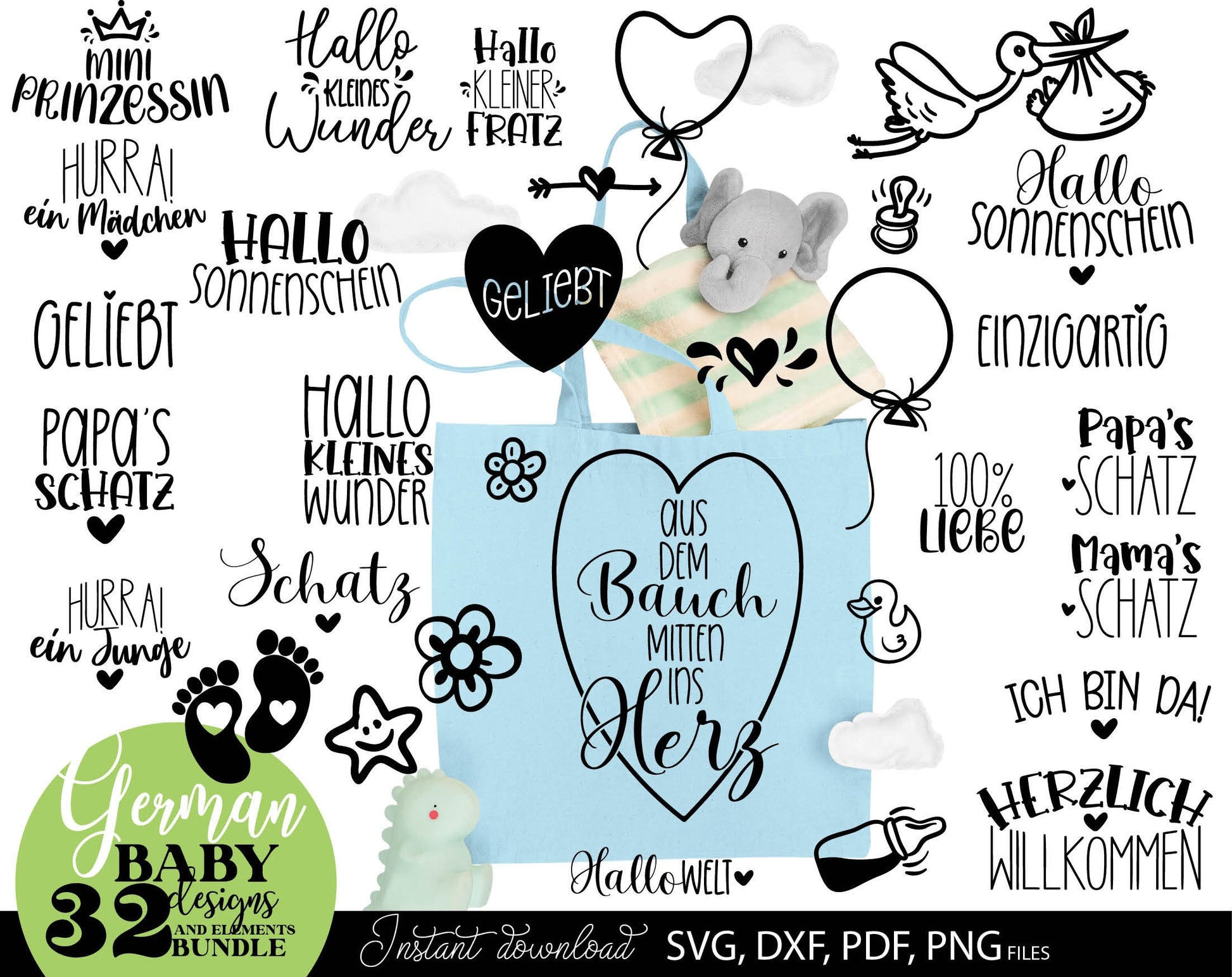 German Newborn Plotter file bundle. SVG DXF PDF PNG files included. Compatible with Cricut, Silhouette, sublimation printers or other equipment. Cut from vinyl, use for sublimation or laser cut or grave projects. Buy now for a good price and enjoy!