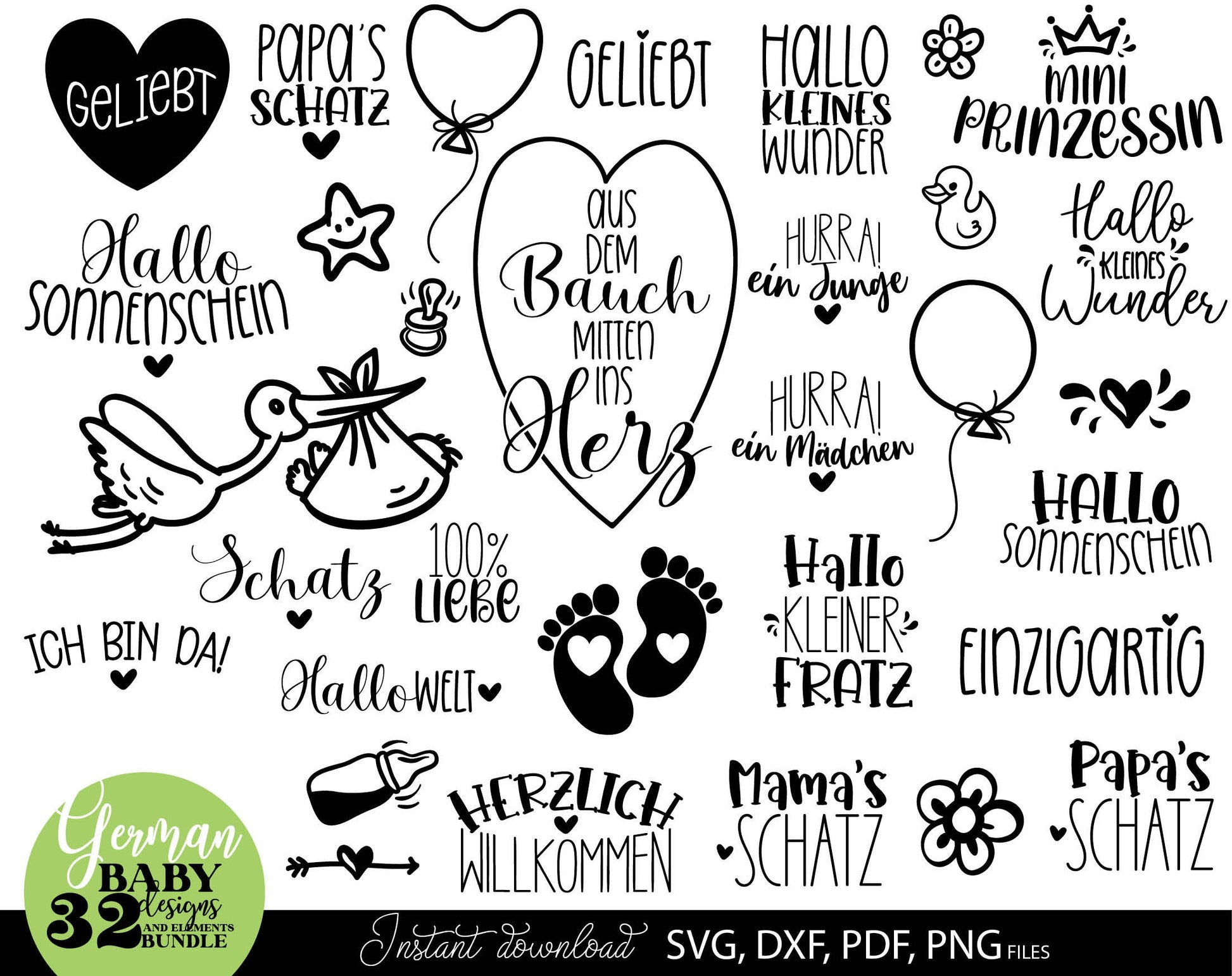 German Newborn Plotter file bundle. SVG DXF PDF PNG files included. Compatible with Cricut, Silhouette, sublimation printers or other equipment. Cut from vinyl, use for sublimation or laser cut or grave projects. Buy now for a good price and enjoy!