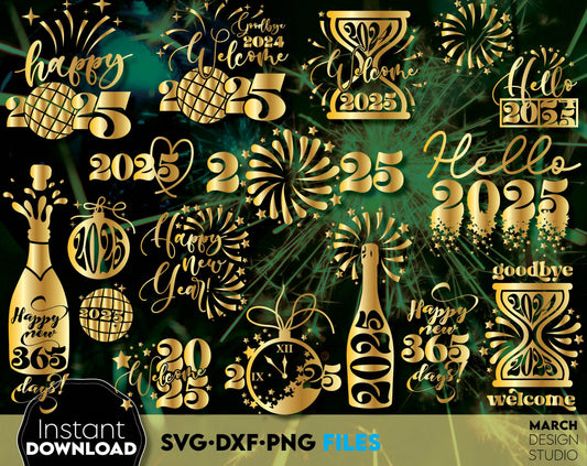 Happy New Year 2025 SVG Bundle | Hand Lettered New Year Ornaments SVG | New Years SVG | New Year Sublimation | New Year Quotes Svg | Png Dxf