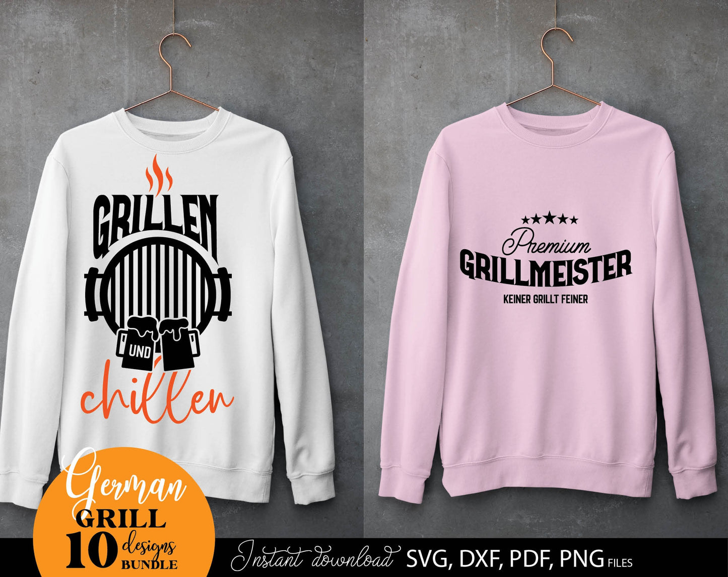 German Grillmeister plotter files bundle. SVG DXF PDF PNG files included. Compatible with Cricut, Silhouette, sublimation printers or other equipment. Cut from vinyl, use for sublimation or laser cut or grave projects. Buy now for a good price!