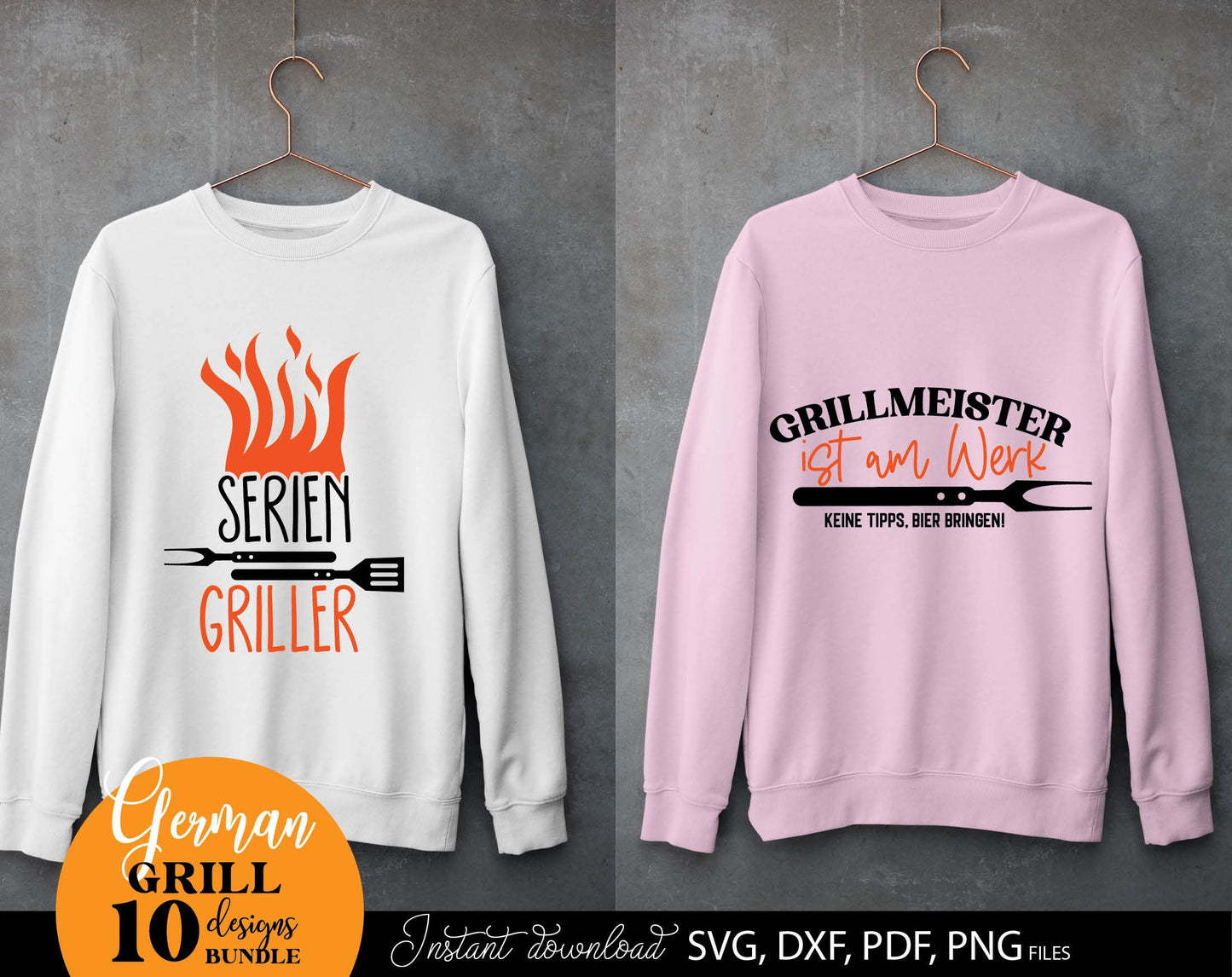 German Grillmeister plotter files bundle. SVG DXF PDF PNG files included. Compatible with Cricut, Silhouette, sublimation printers or other equipment. Cut from vinyl, use for sublimation or laser cut or grave projects. Buy now for a good price!